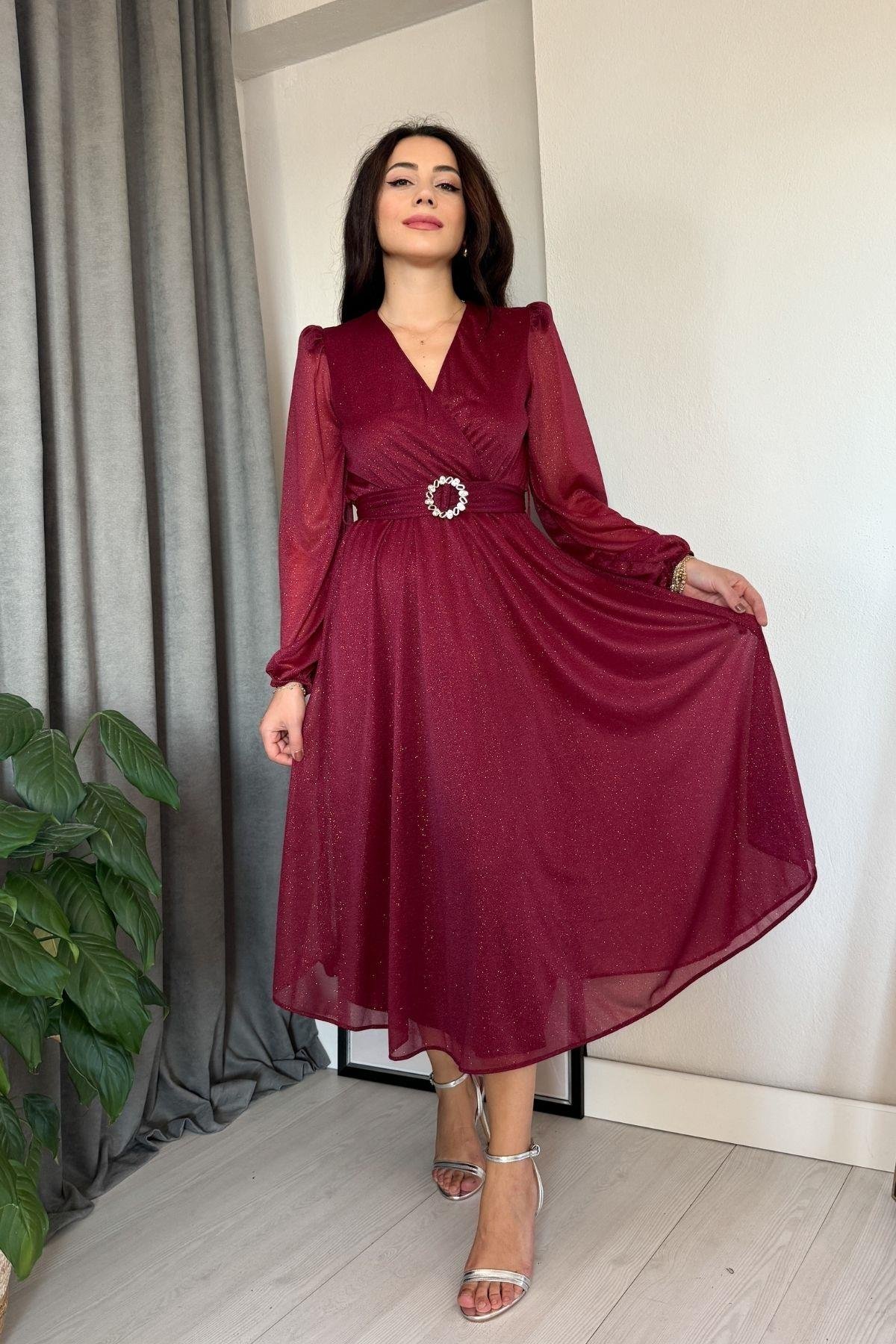 Bordo Simli Kumaş Çan Etek Kemerli Elbise