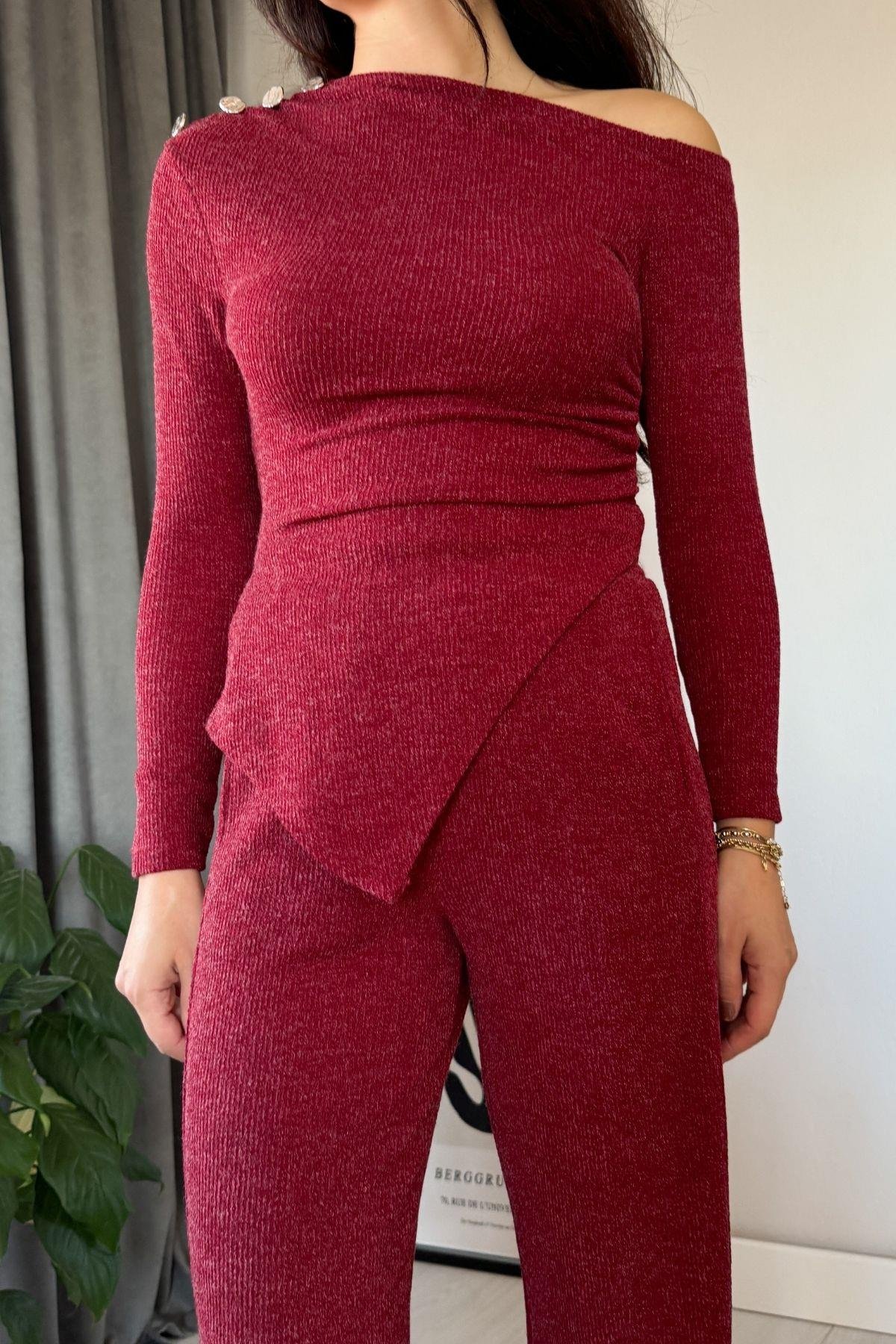 Bordo Yün Dokulu Süs Düğmeli Esnek Triko Takım