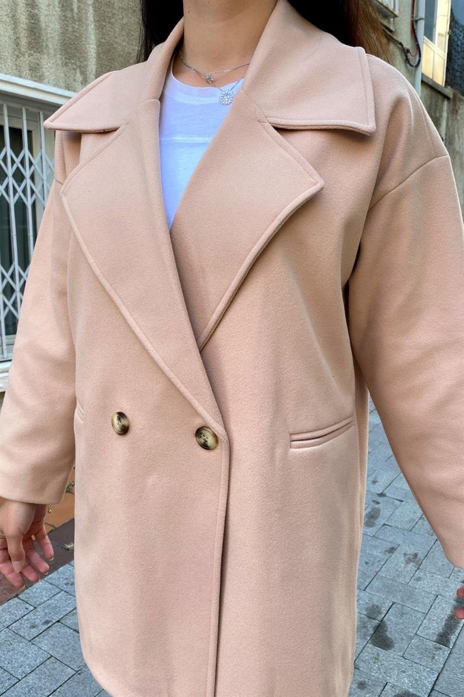 Camel Düğmeli Oversize Astarlı Kısa Kaşe Kaban