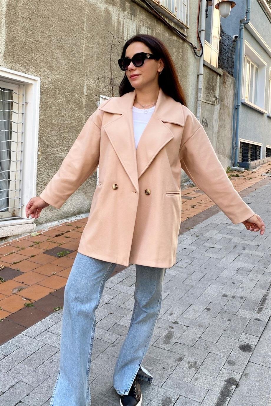 Camel Düğmeli Oversize Astarlı Kısa Kaşe Kaban
