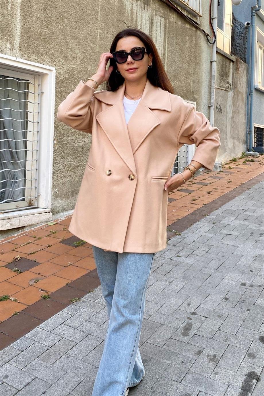 Camel Düğmeli Oversize Astarlı Kısa Kaşe Kaban