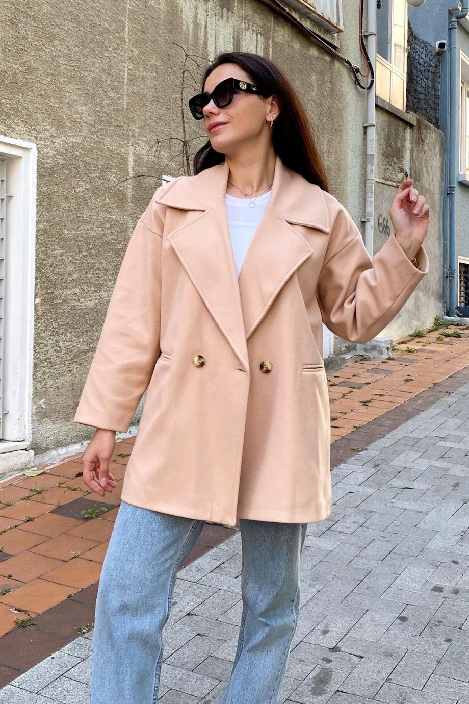 Camel Düğmeli Oversize Astarlı Kısa Kaşe Kaban