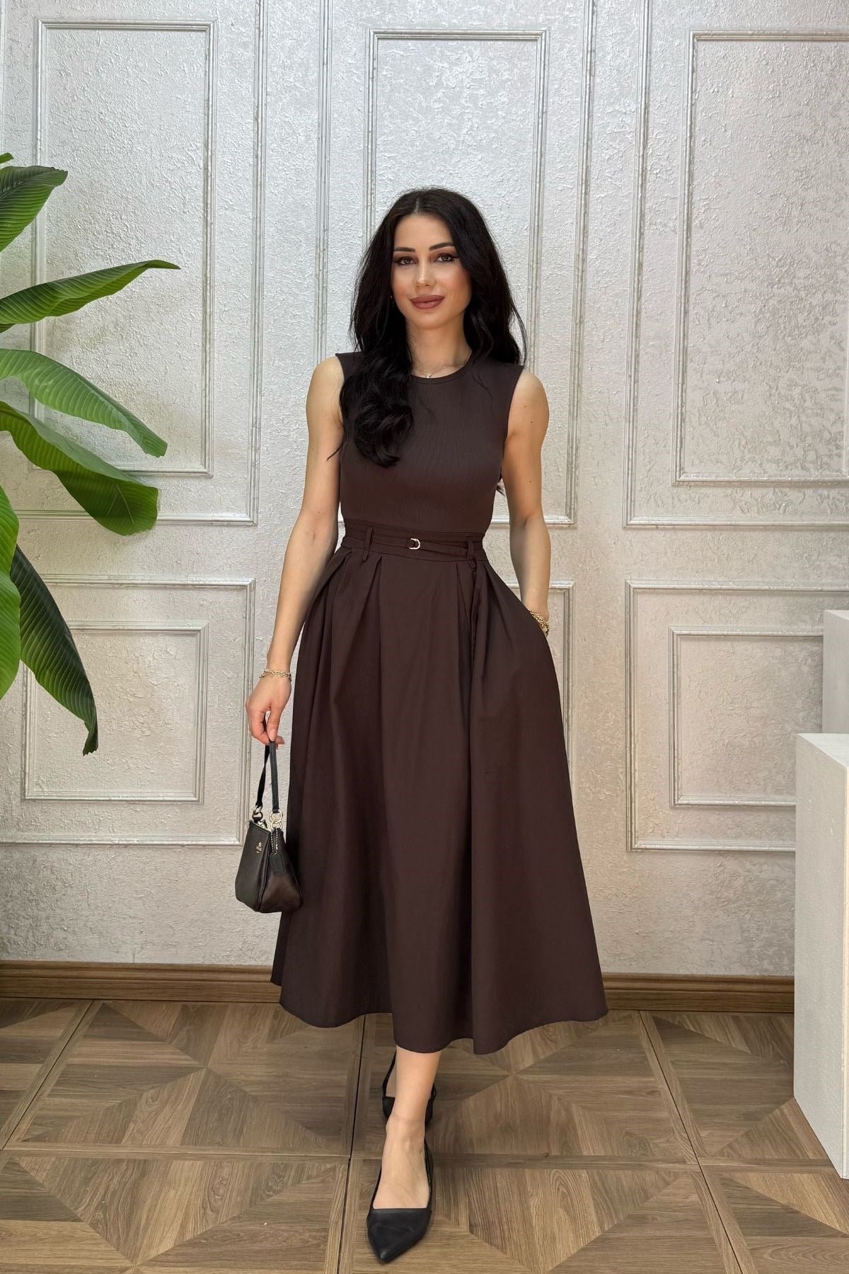 Kahve Üstü Kaşkorse Eteği Poplin Kemerli Elbise