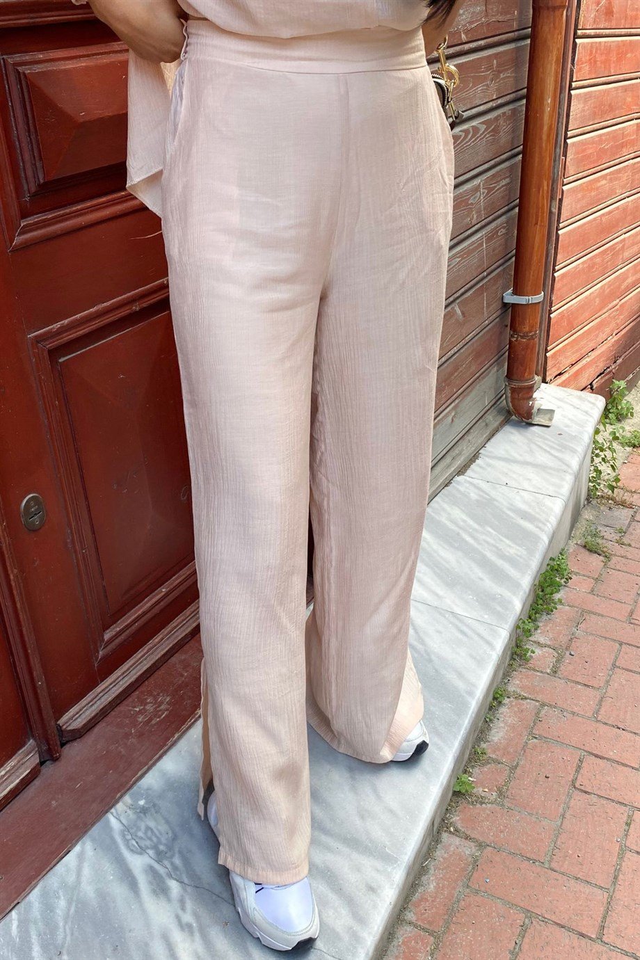 Koyu Taş Bürümcük Kumaş Kemerli Oversize Takım