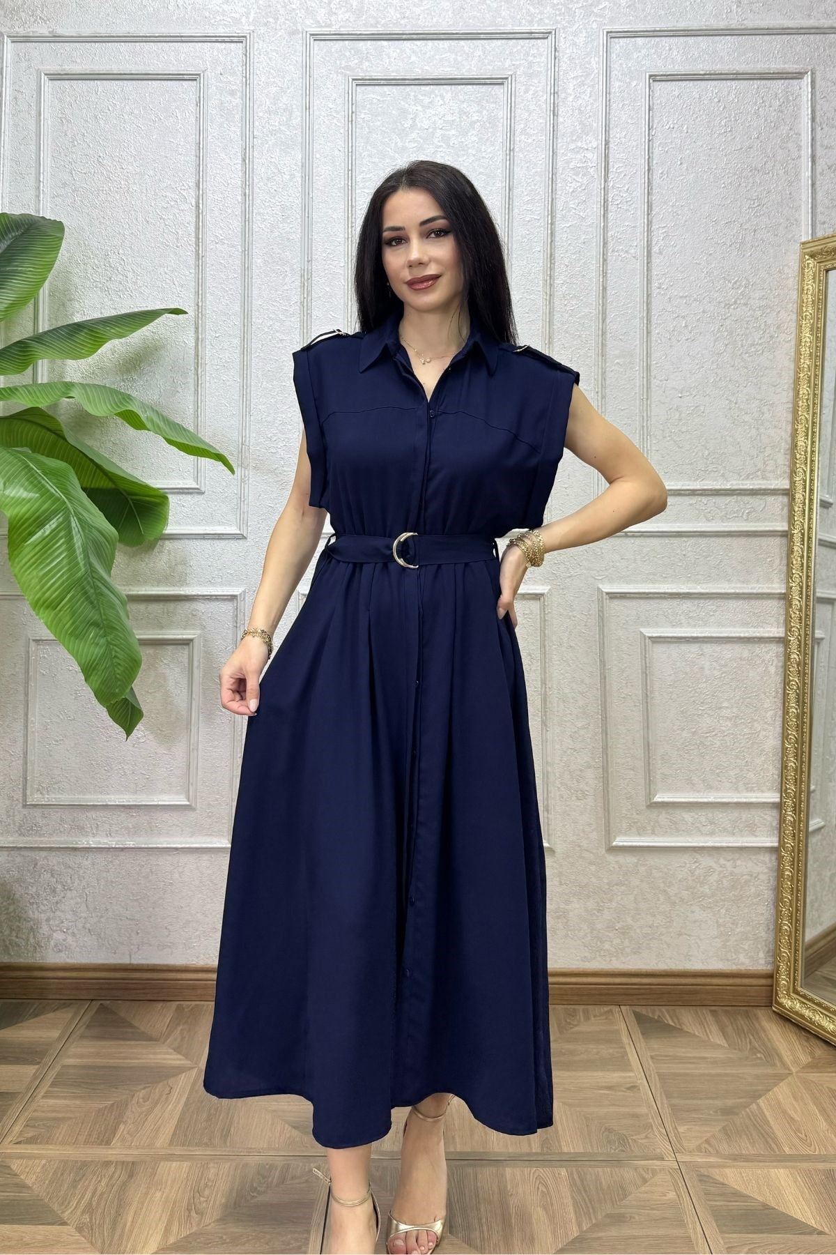 Lacivert Omzu Apolet Detay Kemerli Gömlek Elbise