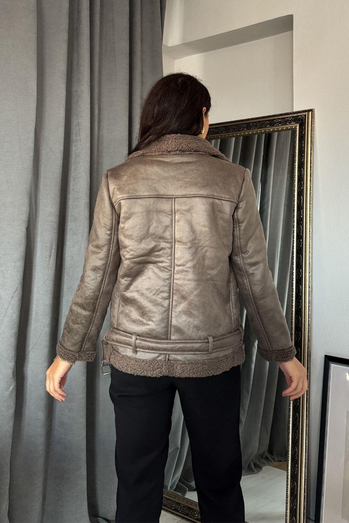 Vizon İçi Peluş Dışı Süet Bıker Ceket ( Mont )