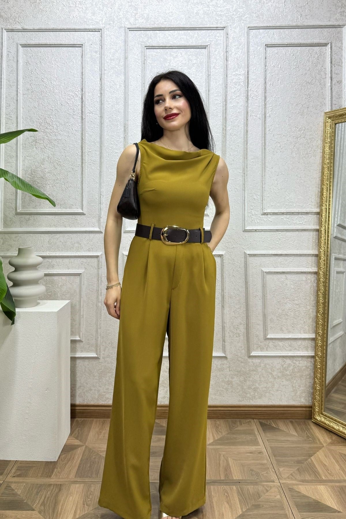 Yağ Yeşili Deri Kemerli Omzu Düğmeli Düşük Omuz Tulum