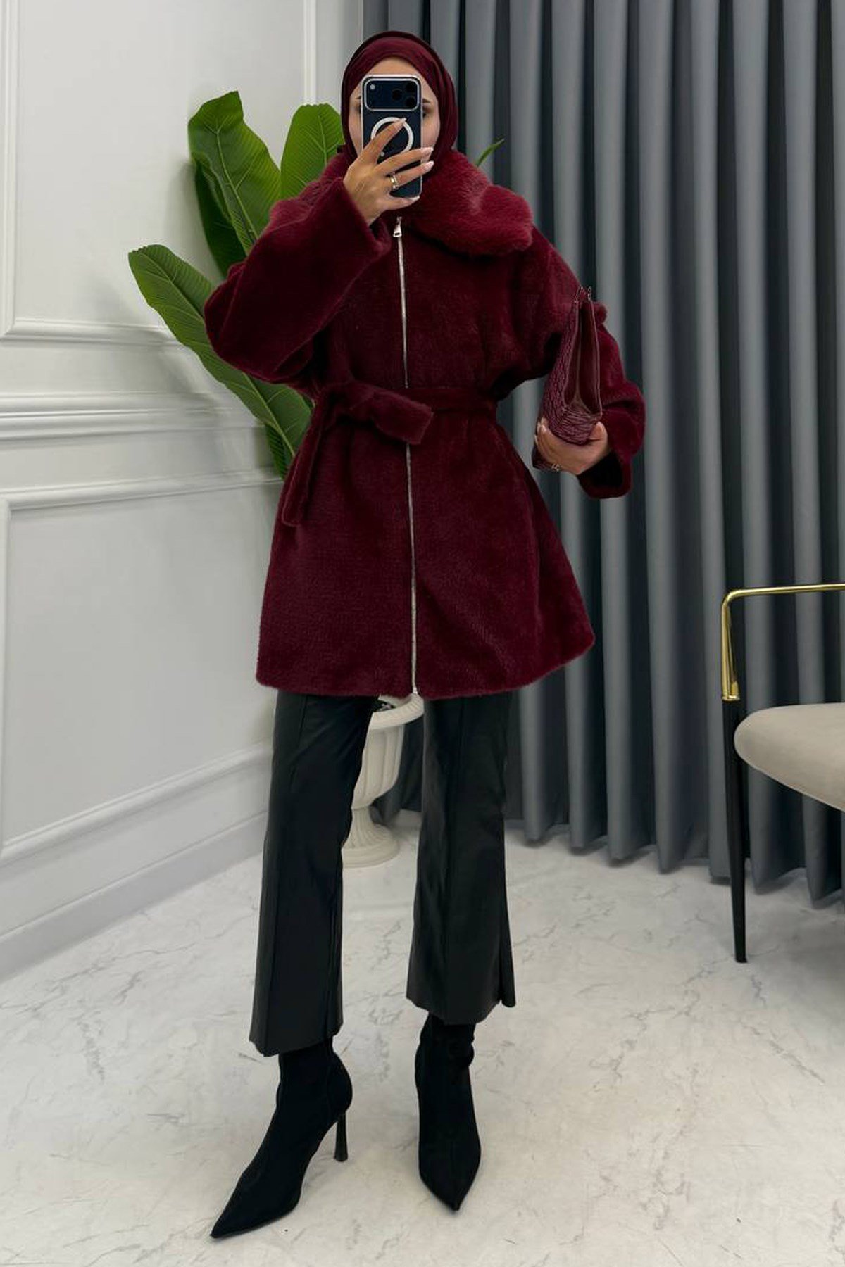ANGORA KÜRK KABAN BORDO