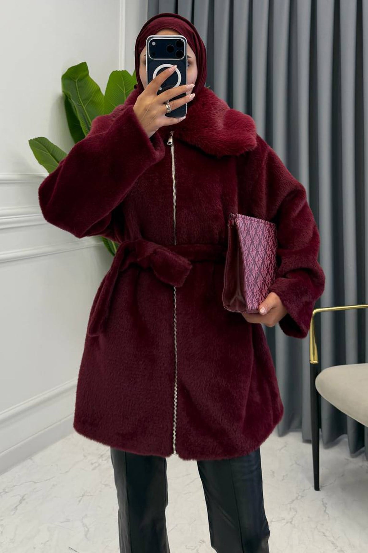 ANGORA KÜRK KABAN BORDO