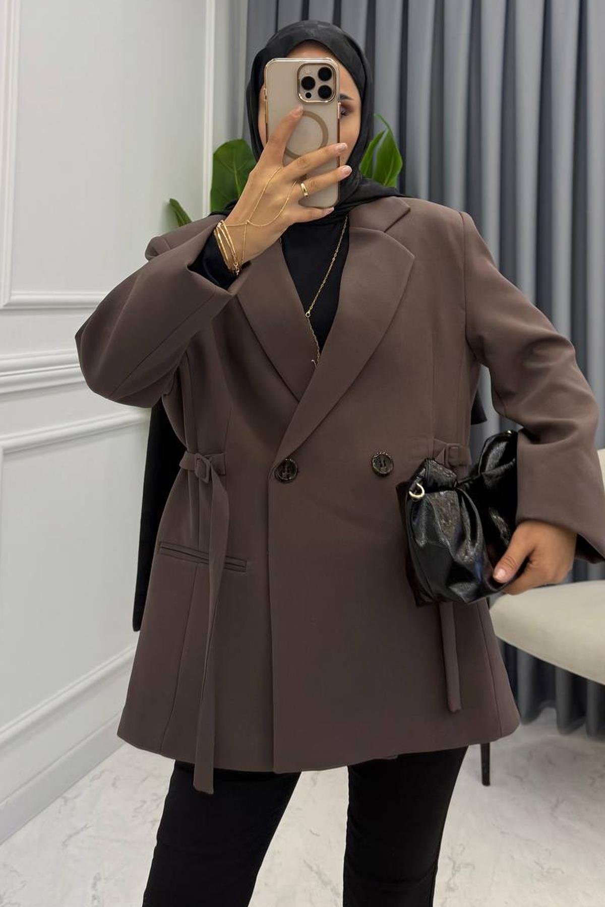BEL KEMER DETAY BLAZER CEKET KAHVE