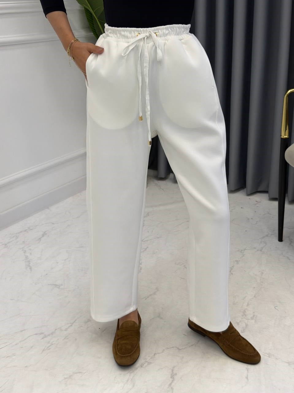 BELİ LASTİKLİ SCUBA PANTOLON BEYAZ