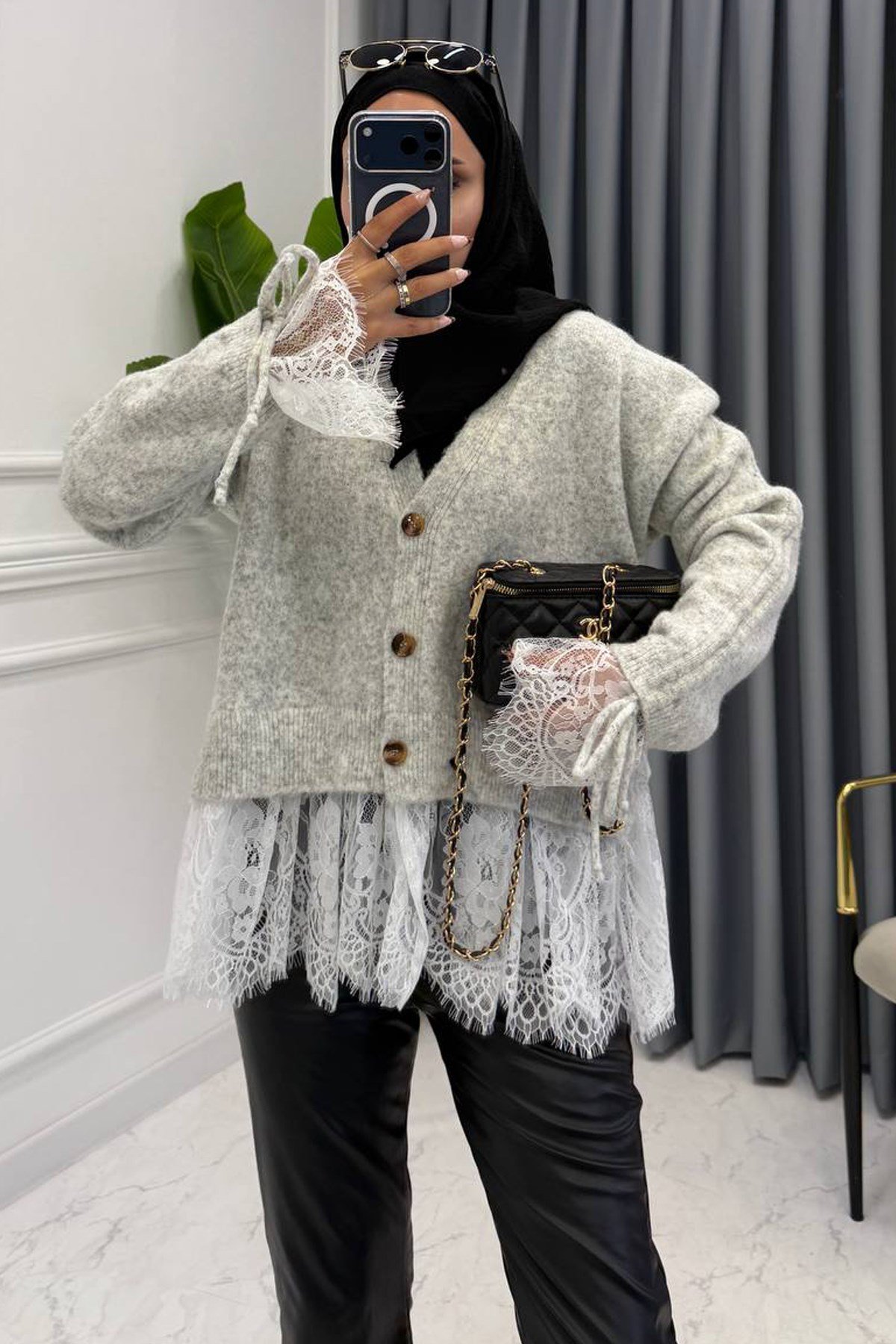 DANTEL DETAY TRİKO HIRKA GRİ