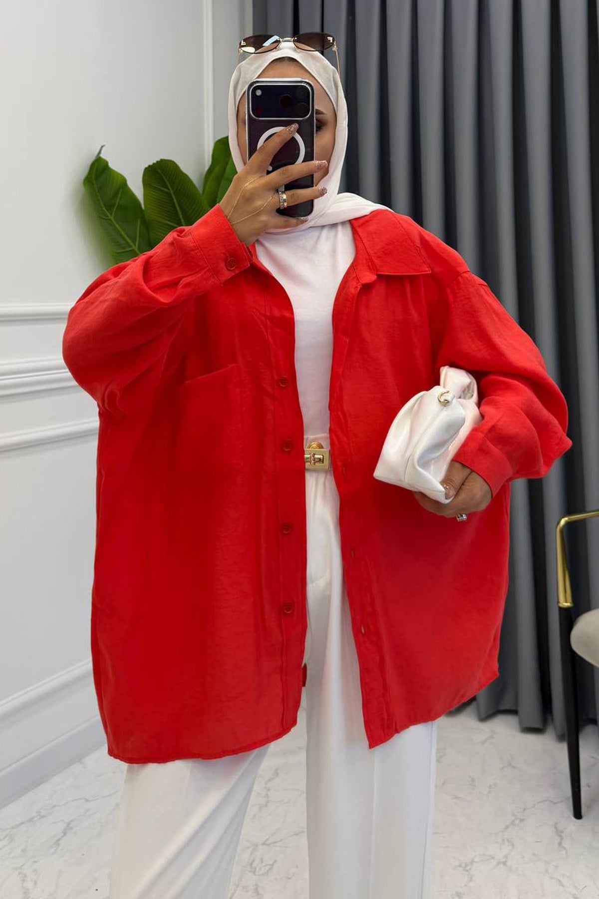 DÜŞÜK OMUZ OVERSİZE GÖMLEK NAR ÇİÇEĞİ