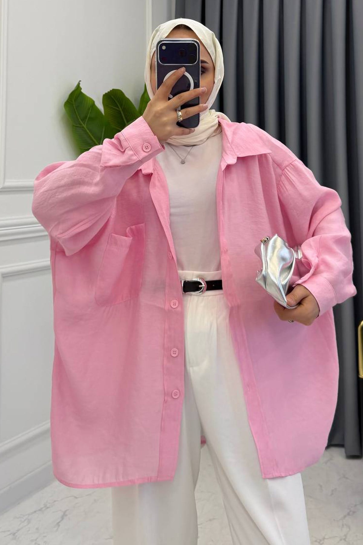 DÜŞÜK OMUZ OVERSİZE GÖMLEK PEMBE