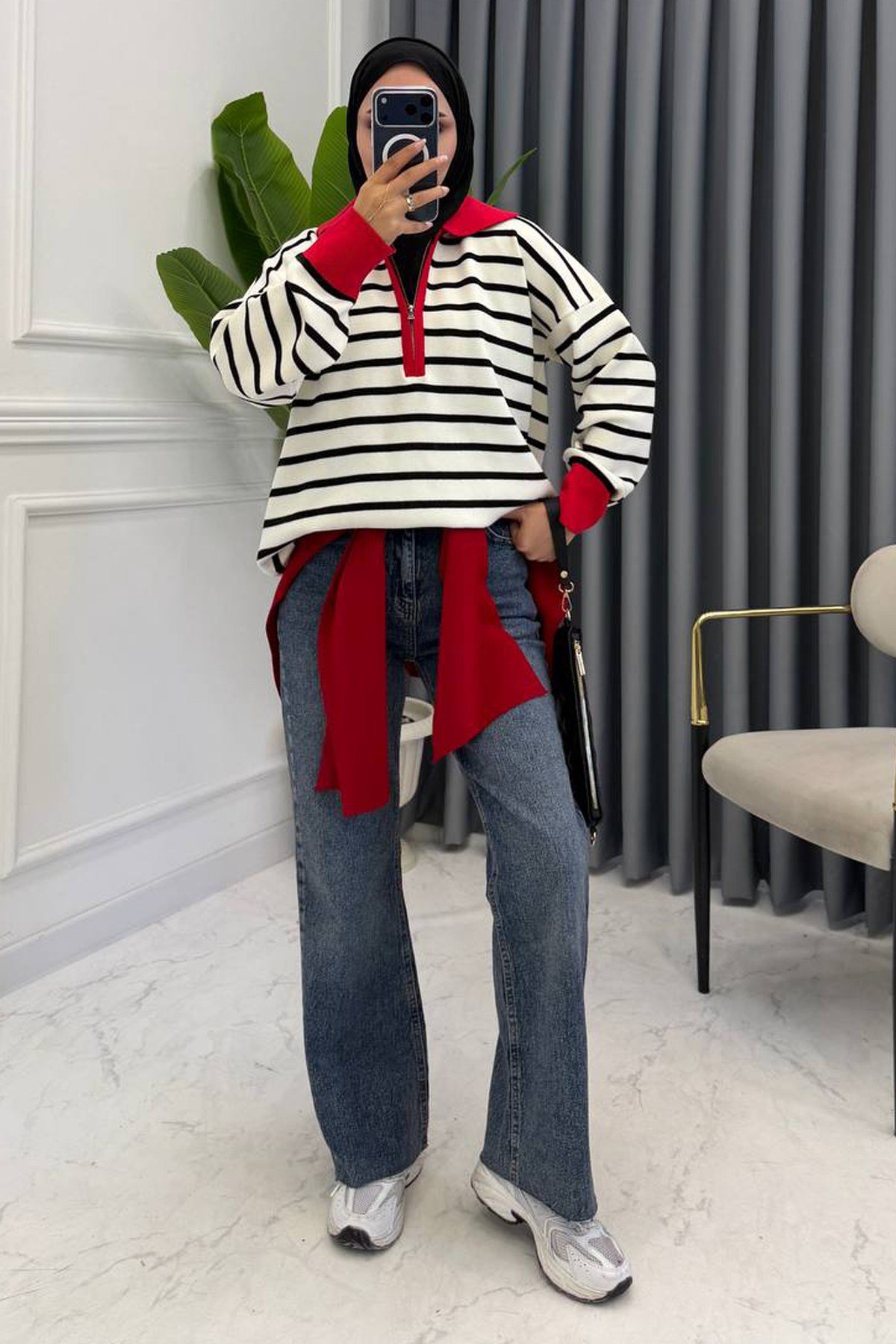 FERMUARLI ÇİZGİLİ TRİKO KAZAK KIRMIZI 
