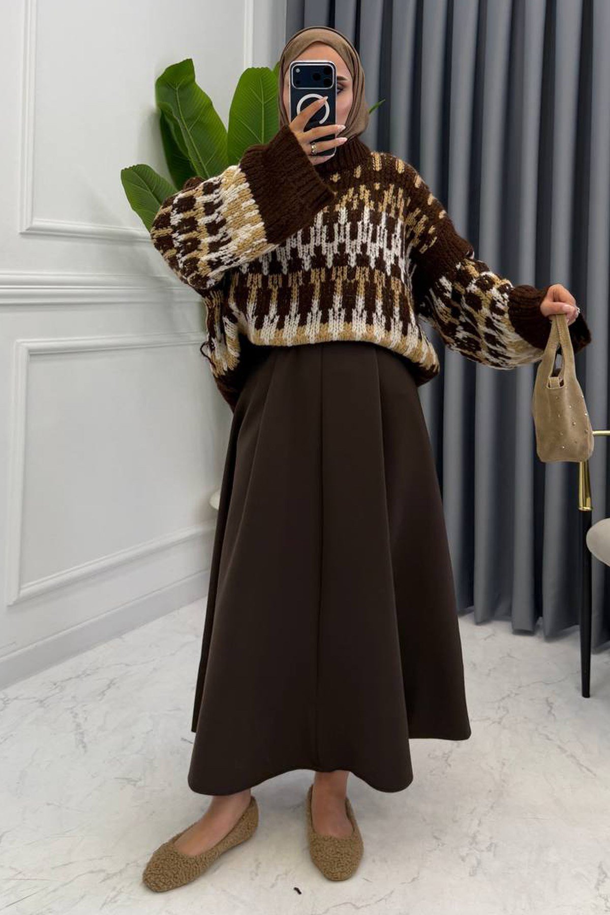 FLOYA DESENLİ KAZAK KAHVE