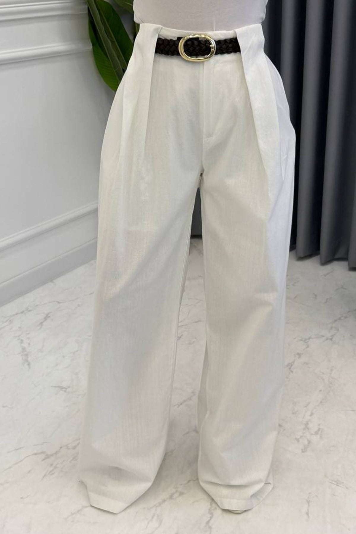 HASIR KEMERLİ KETEN PANTOLON BEYAZ