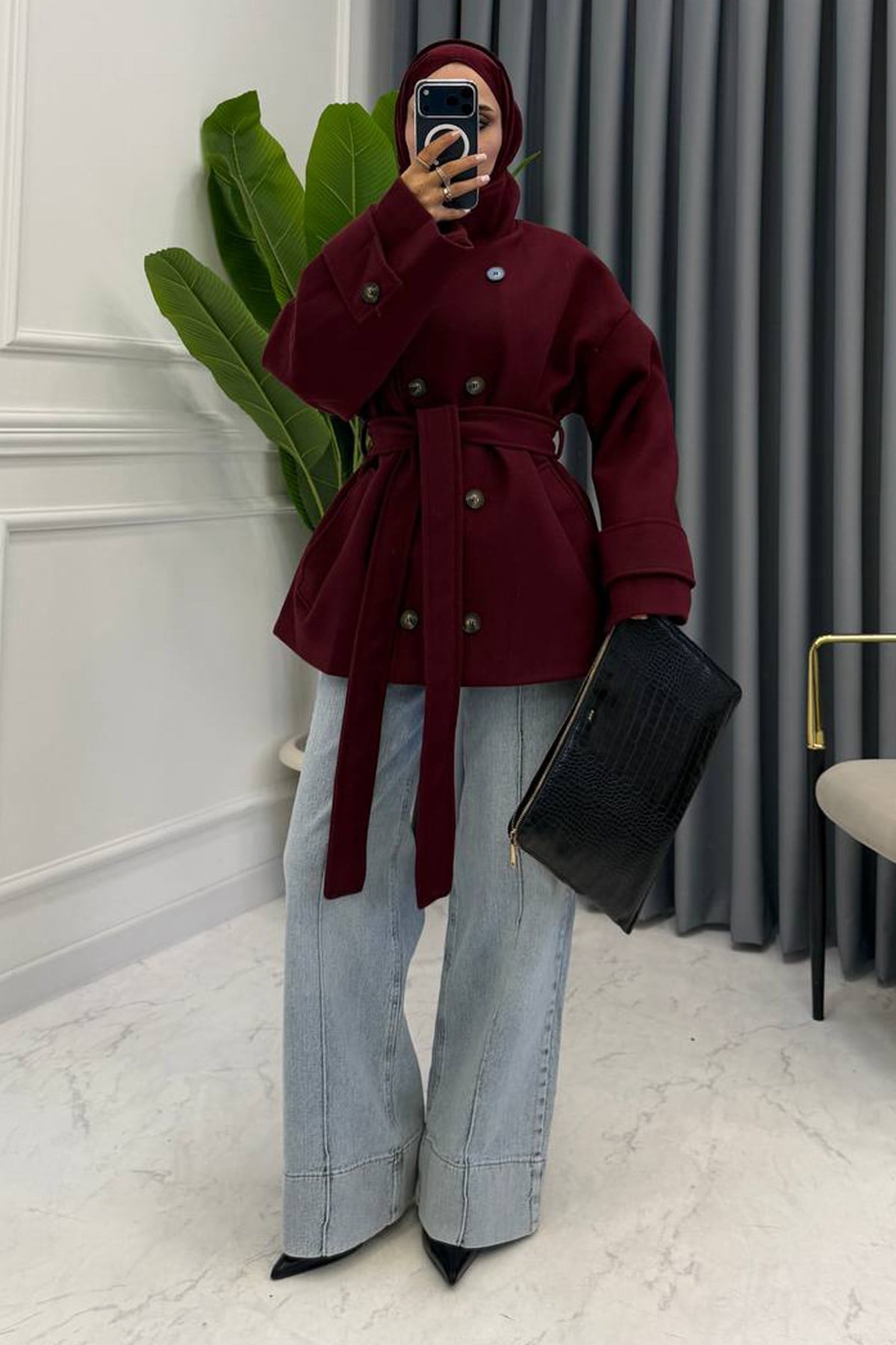 HELİDA DİK YAKA KABAN BORDO