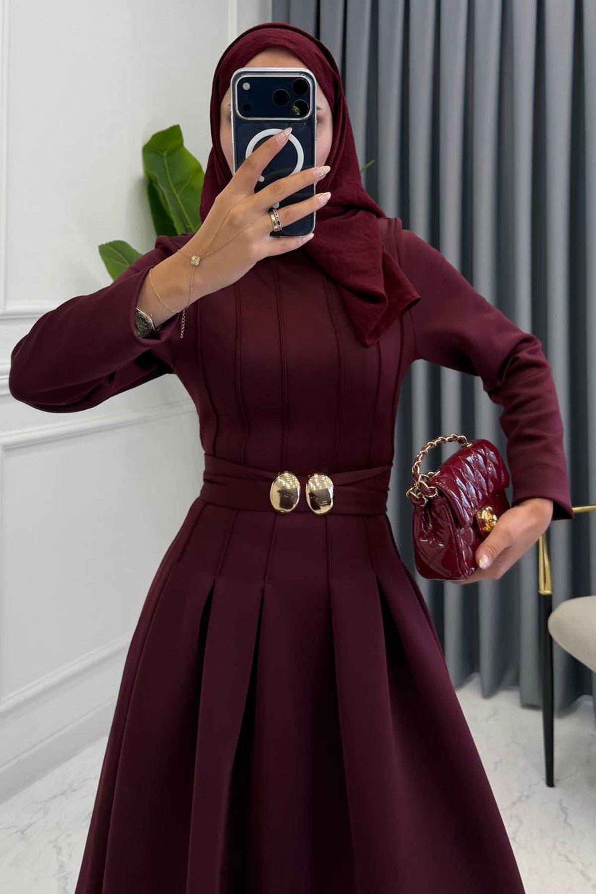 KALİNA KEMERLİ ELBİSE BORDO