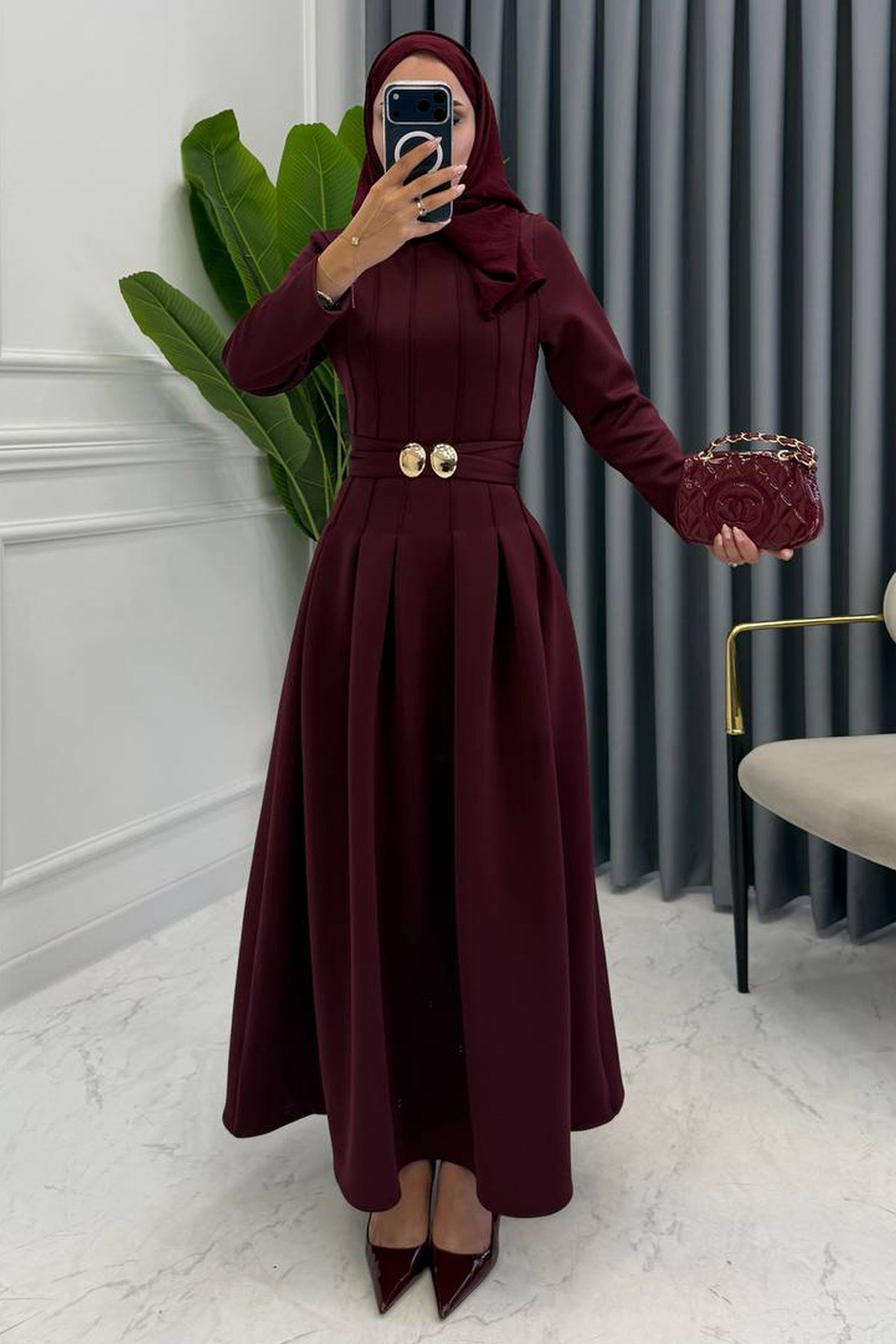 KALİNA KEMERLİ ELBİSE BORDO