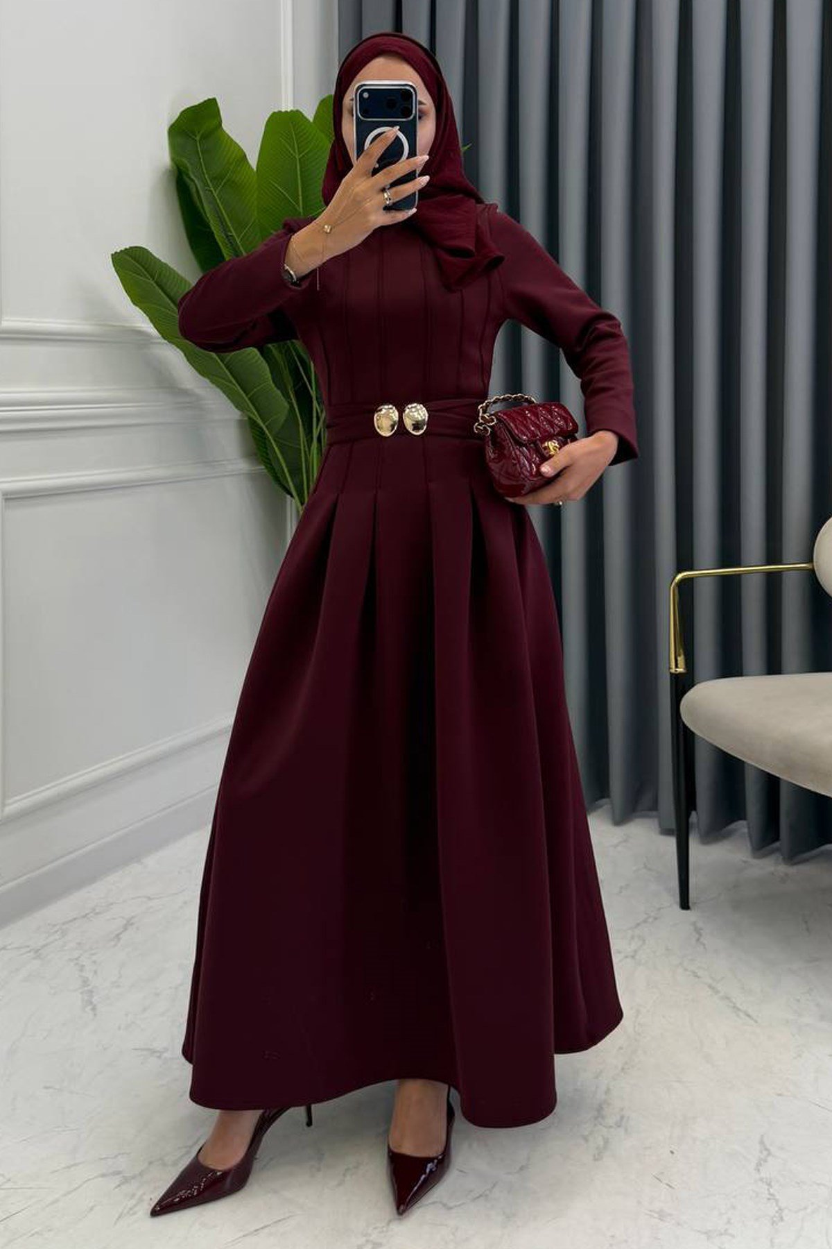KALİNA KEMERLİ ELBİSE BORDO