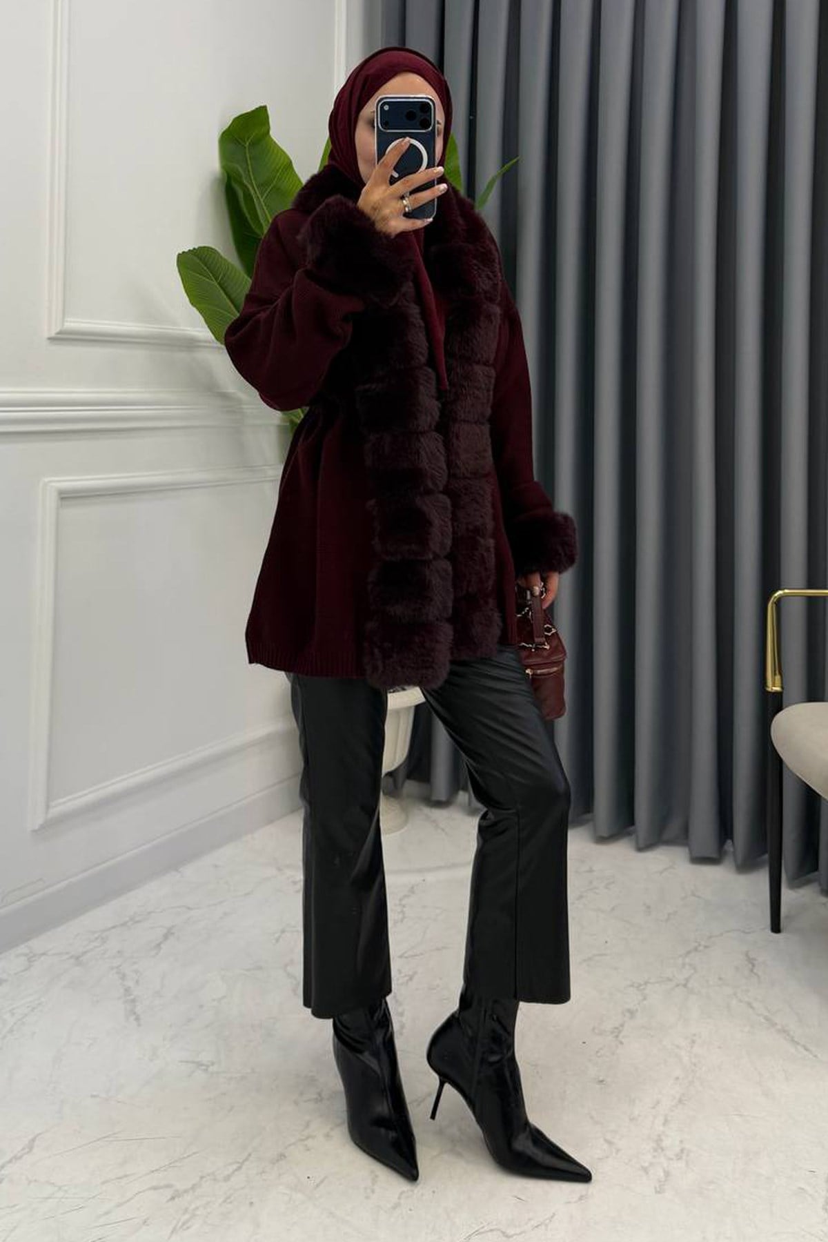 KÜRK DETAYLI HIRKA BORDO