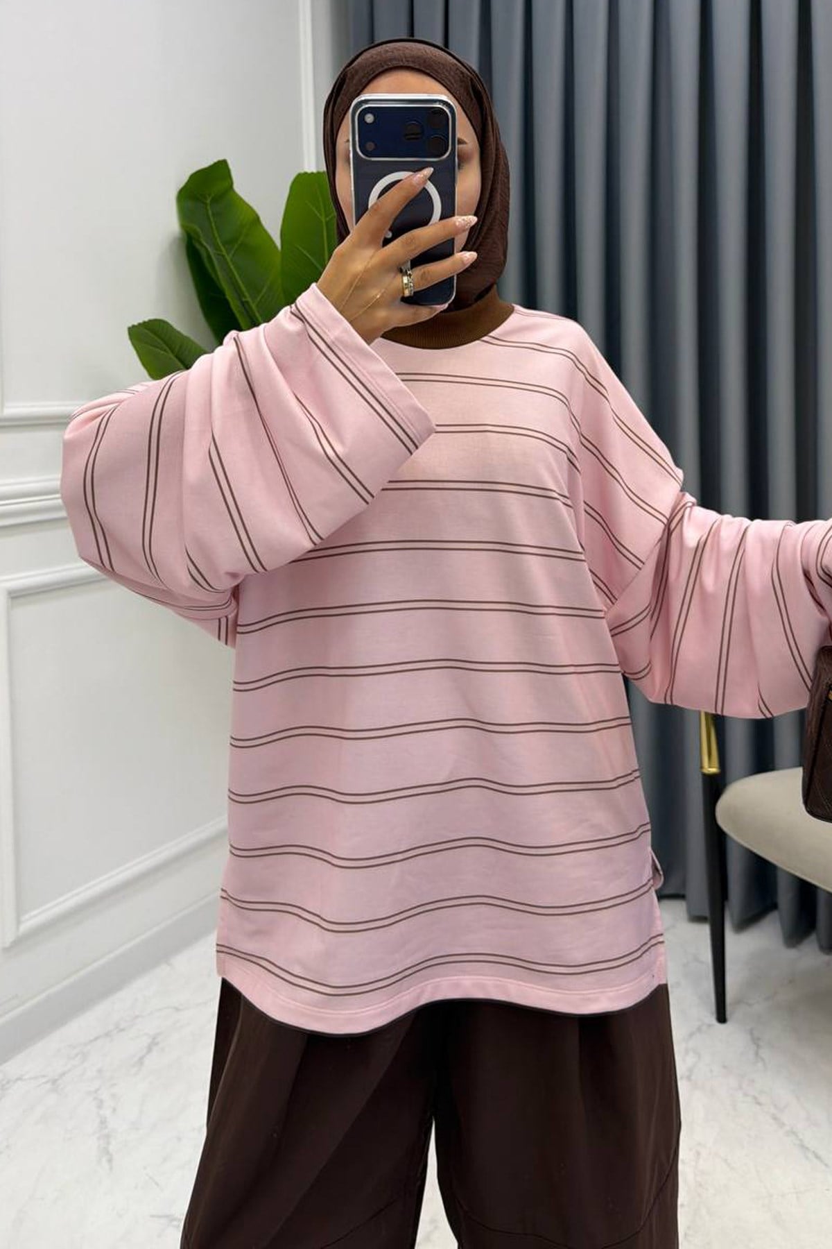 NERA ÇİZGİLİ SWEAT PEMBE