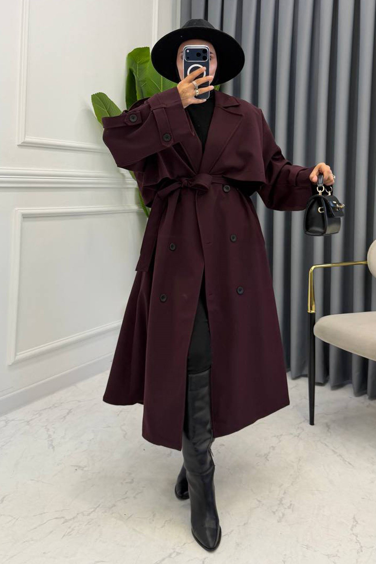 RENLE UZUN TRENÇ BORDO
