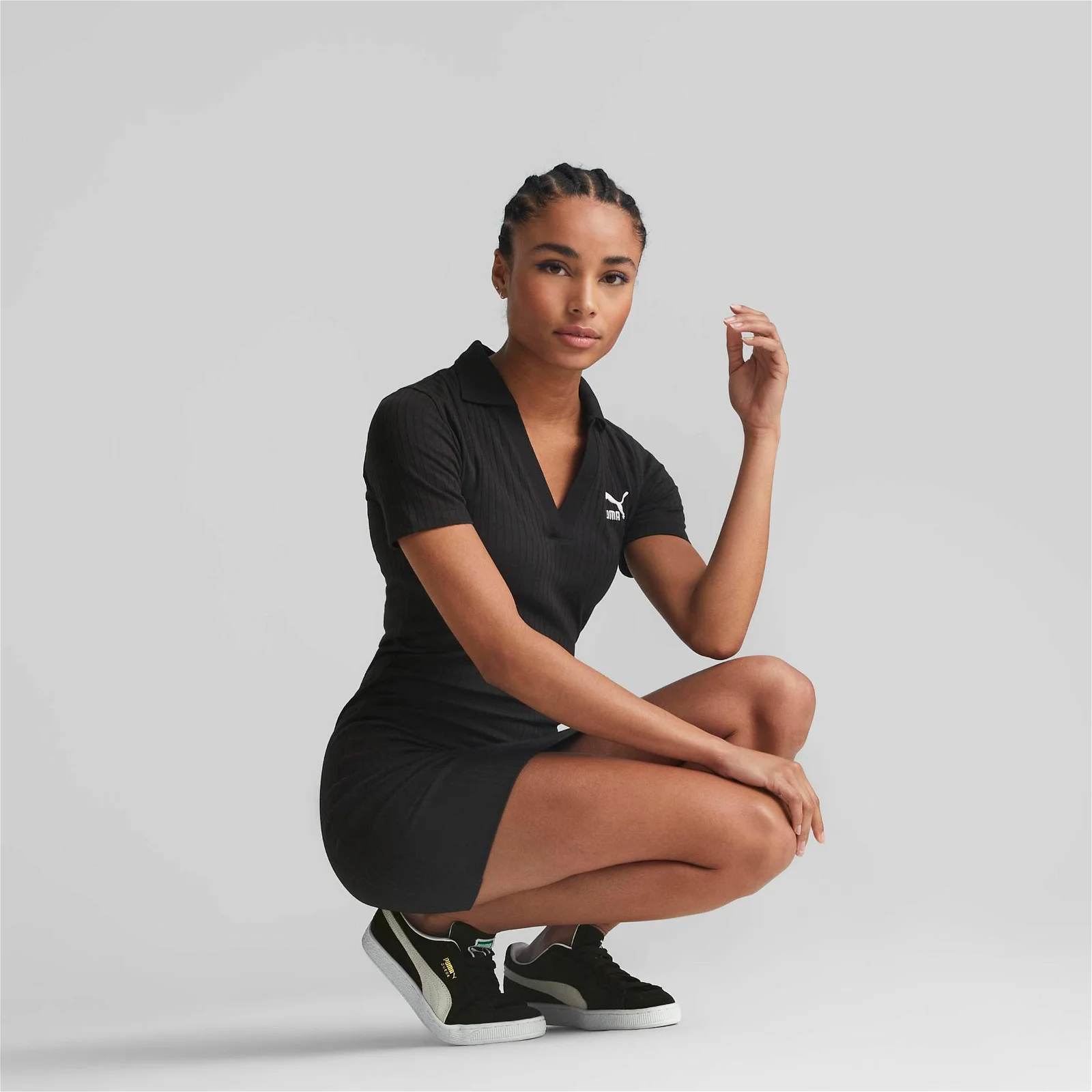 Classıcs Ribbed V-Collar Dress Kadın Elbise