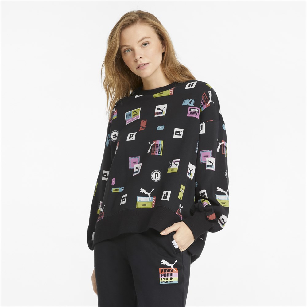 Puma Brand Love Oversized Aop Crew Tr Kadın Siyah Günlük Sweatshirt - 534351-01