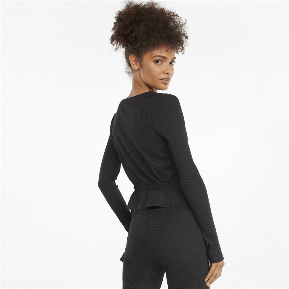 Puma Classics Ribbed Longsleeve Wrap Top Kadın Siyah T-shirt - 58998401