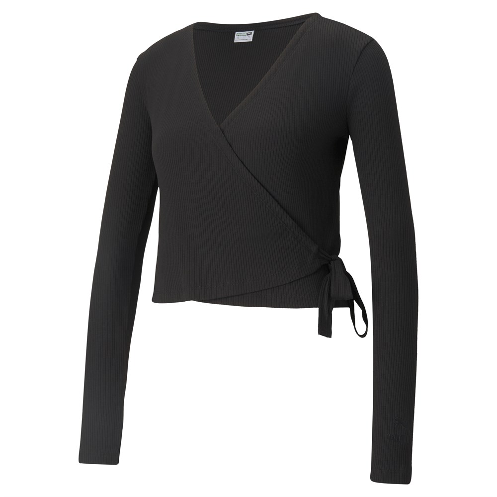 Puma Classics Ribbed Longsleeve Wrap Top Kadın Siyah T-shirt - 58998401
