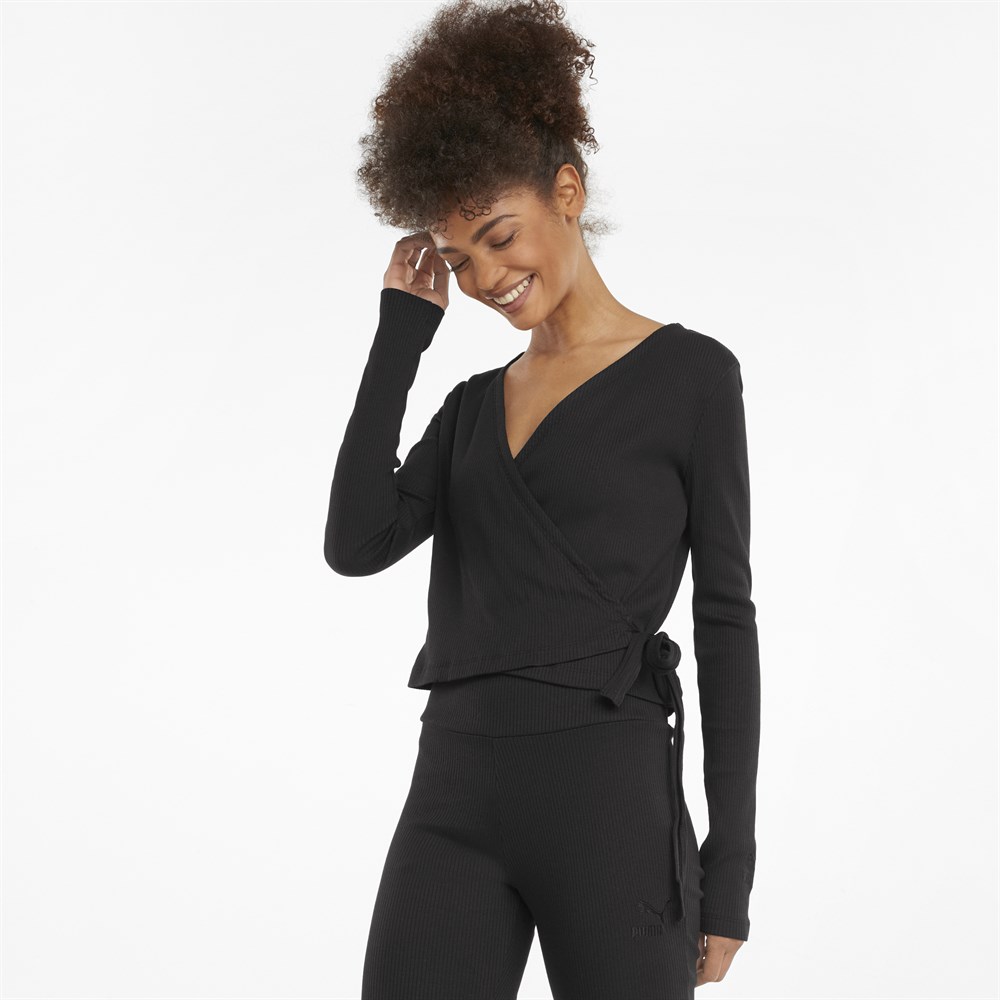 Puma Classics Ribbed Longsleeve Wrap Top Kadın Siyah T-shirt - 58998401