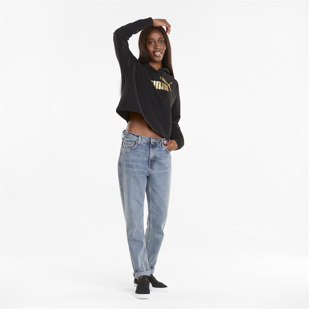 Puma Ess+ Cropped Metallic Logo Hoodie Fl Kadın Siyah Sweatshirt - 58689101