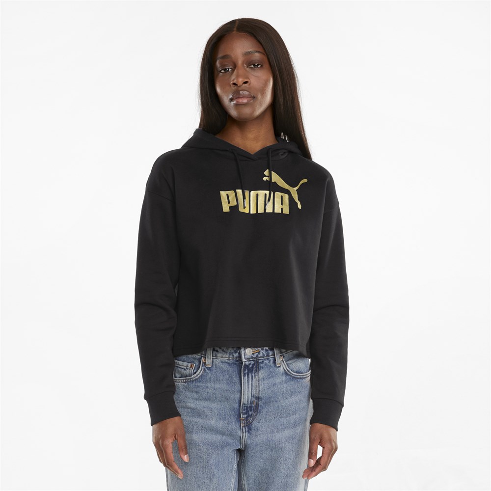 Puma Ess+ Cropped Metallic Logo Hoodie Fl Kadın Siyah Sweatshirt - 58689101