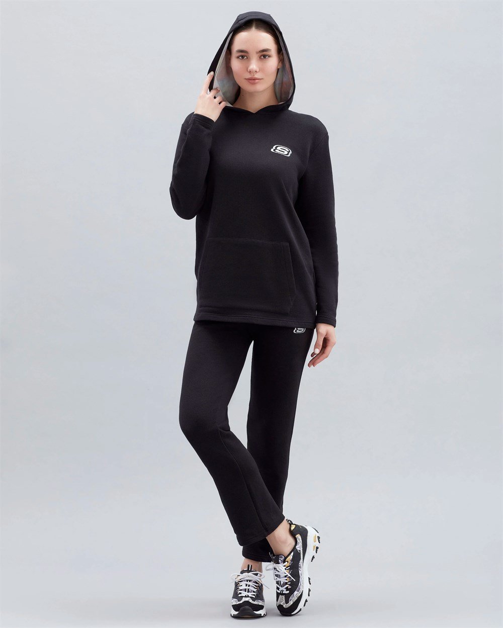 Skechers W Terry Fleece Print Detailed Oversize Hoodie Kadın Siyah Günlük Sweatshirt - S221112-001