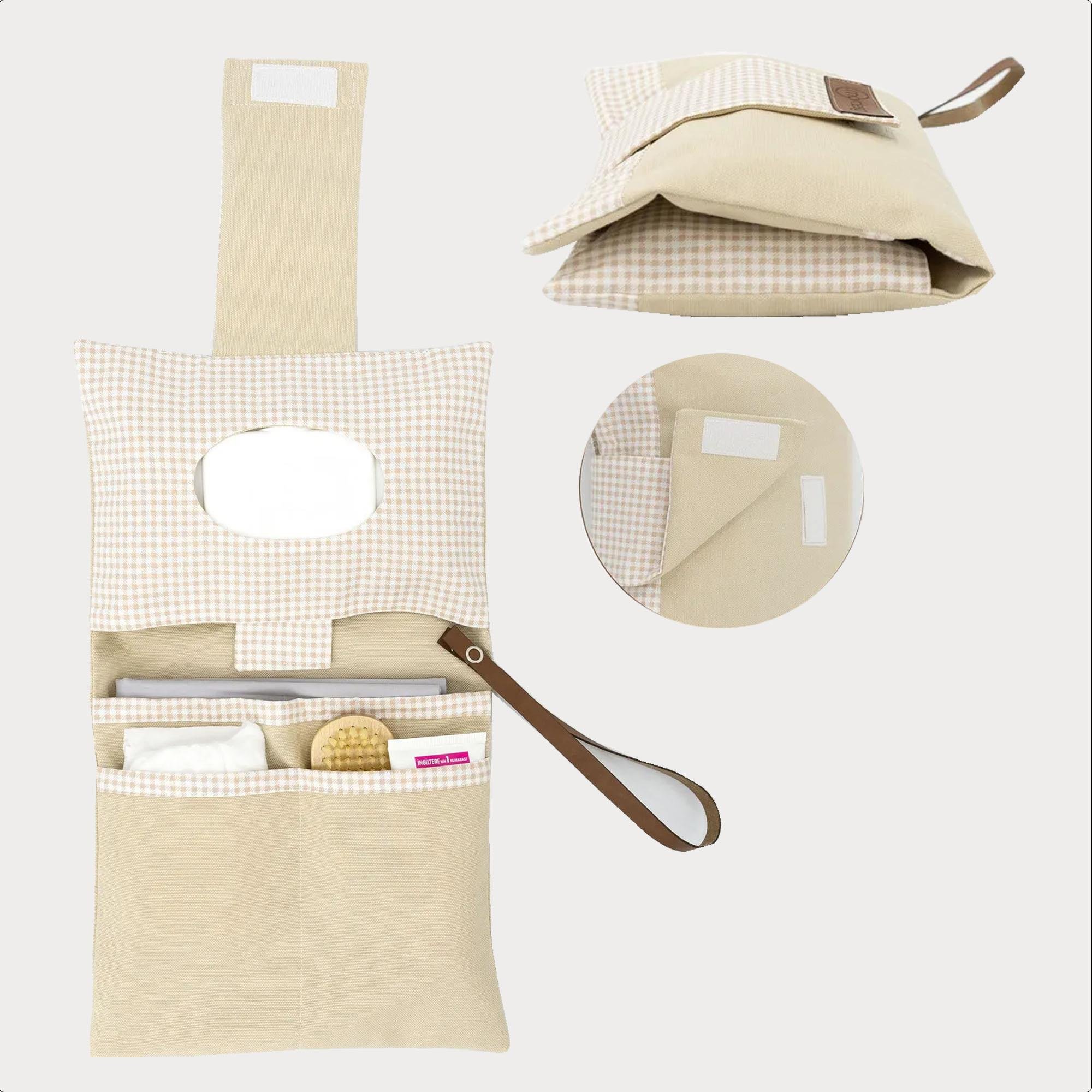 3'lü Bebek Bakım Seti; Keçe Anne Bebek Organizeri, Su Geçirmez Alt Değiştirme Pedi, Alt Açma Çantası,Bej