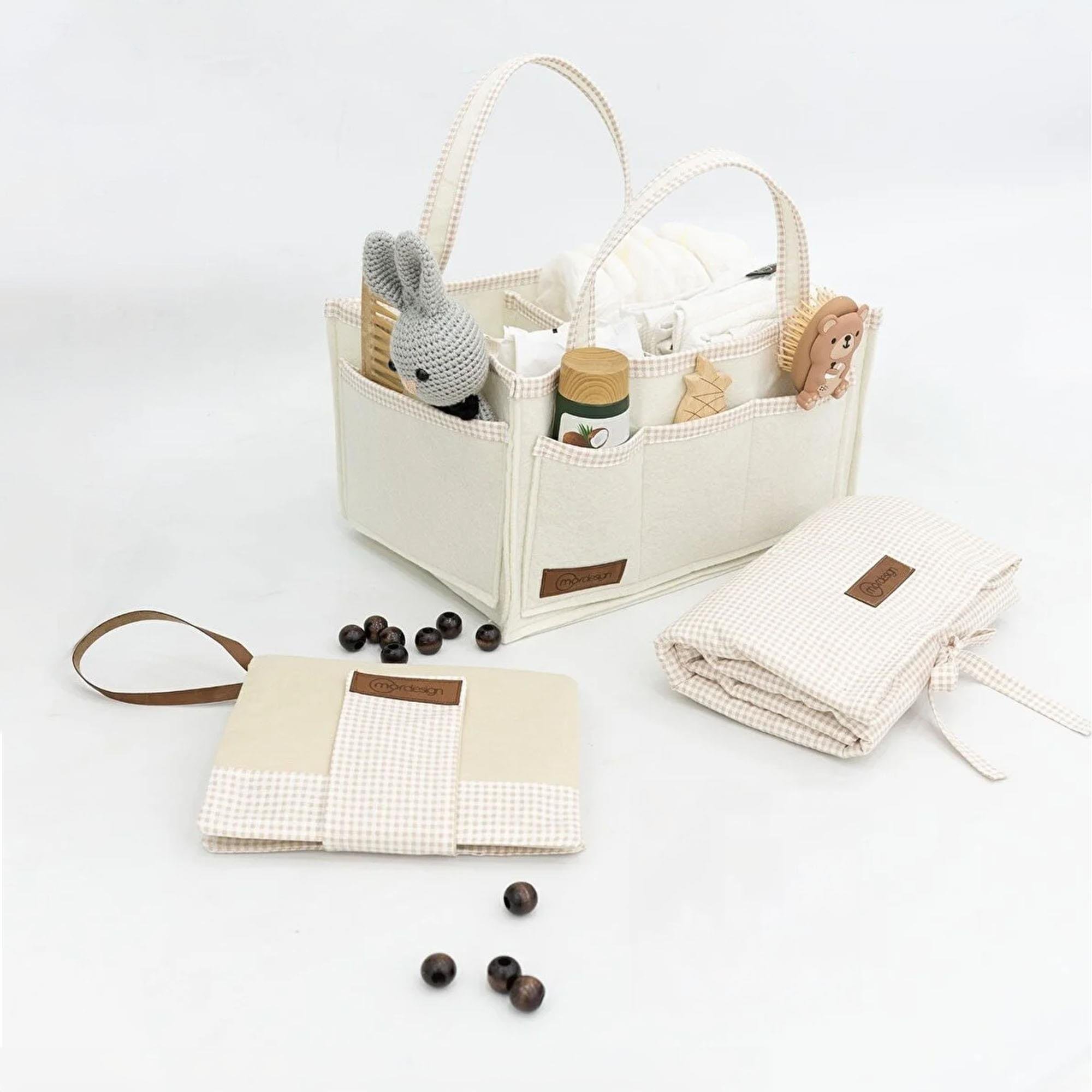 3'lü Bebek Bakım Seti; Keçe Anne Bebek Organizeri, Su Geçirmez Alt Değiştirme Pedi, Alt Açma Çantası,Bej