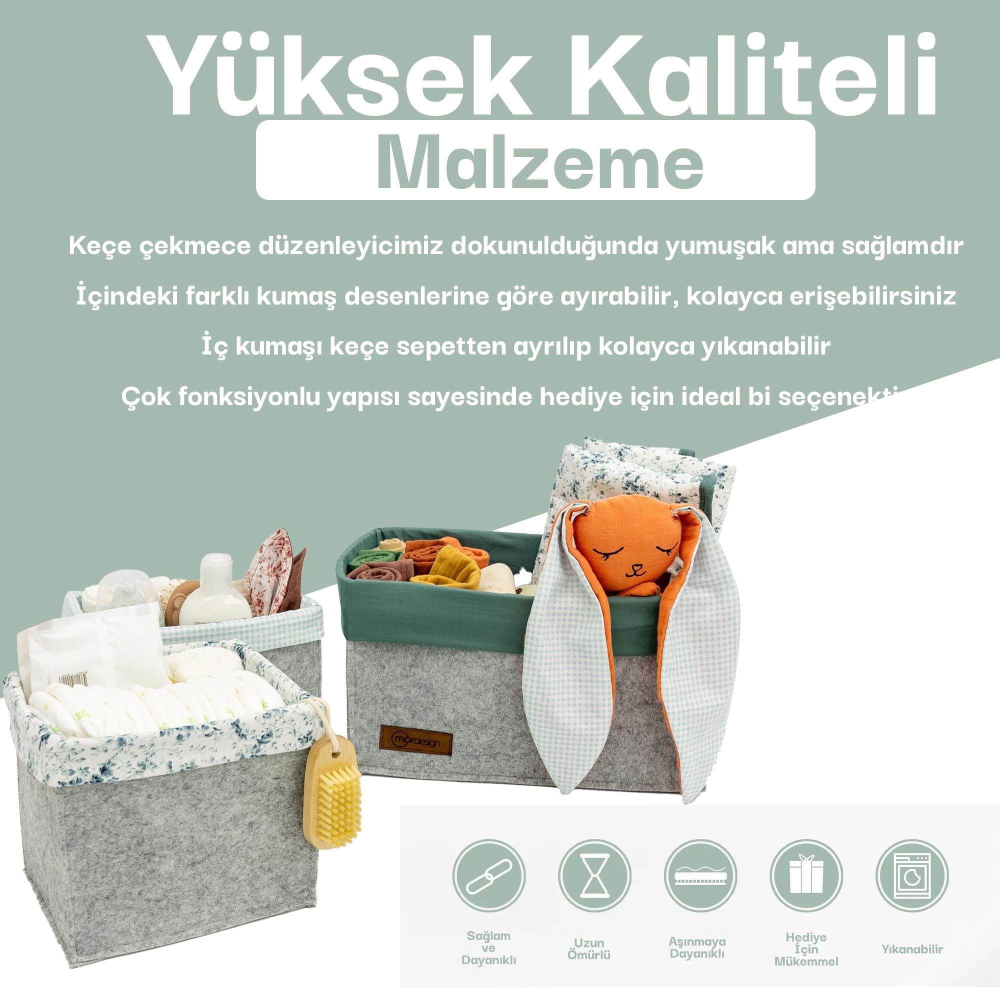 3'lü Çekmece İçi Dolap Çamaşır Düzenleyici, Çocuk Odası Katlanabilir Saklama Kutusu Seti, Organizer Yeşil 