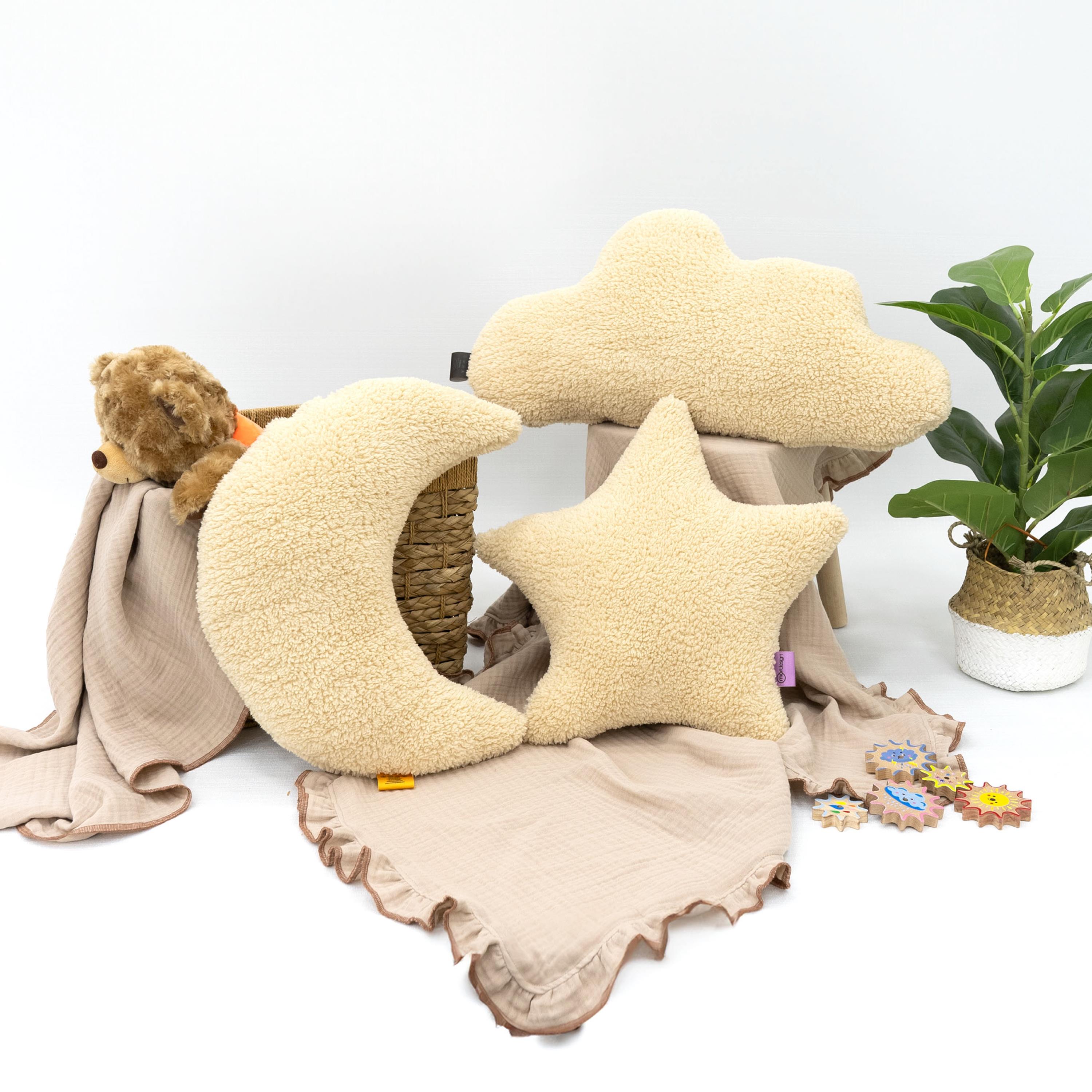 3'lü Set Bulut Yıldız Ay, Dekoratif Yastık, Süper Kabarık Teddy Kumaş Yastık, Morteddy Sky Serisi