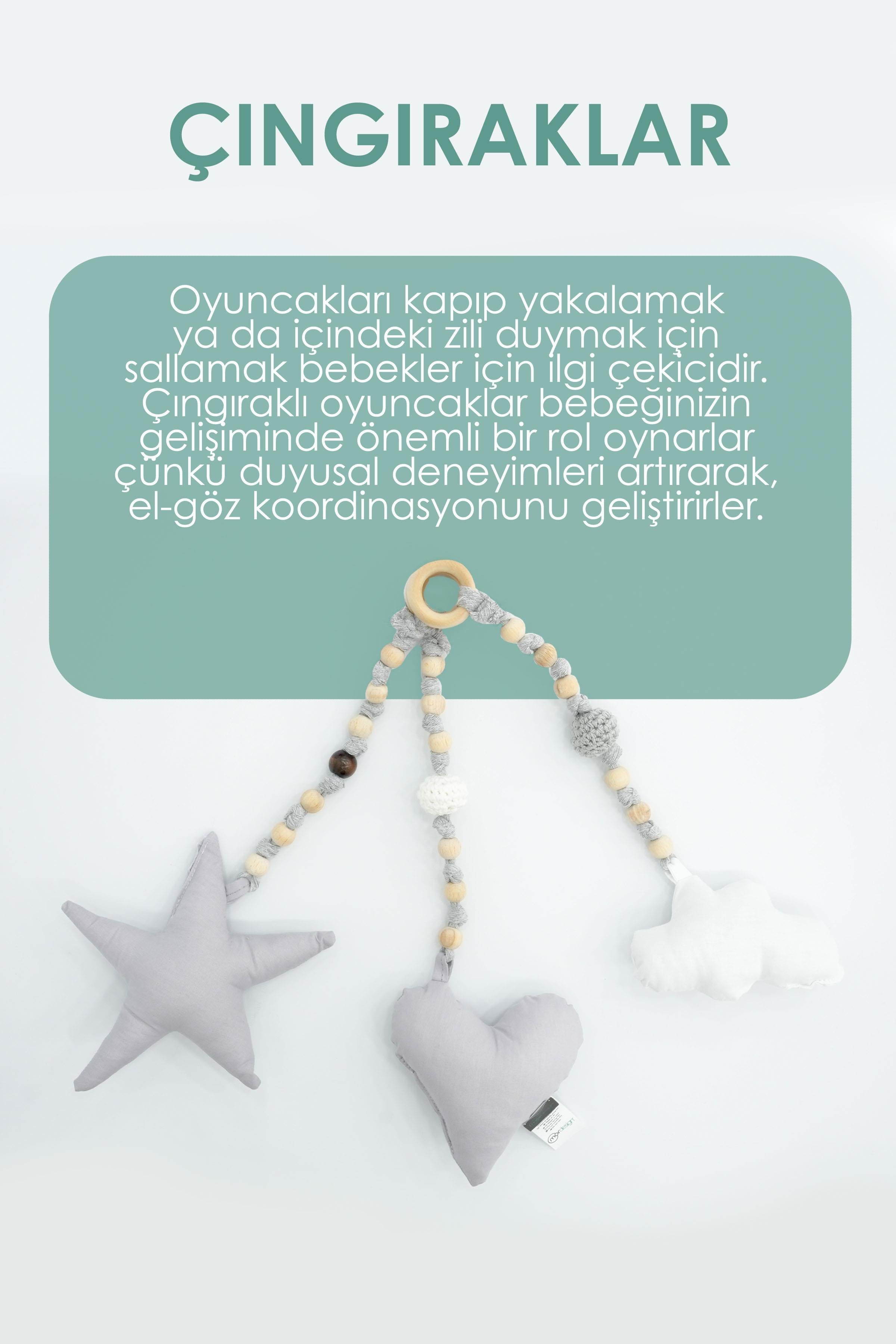 Ahşap Bebek Egzersiz Aleti, (oyuncaklar Dahil), 3'lü Çıngırak Oyuncak, Naturel Seri, Gri