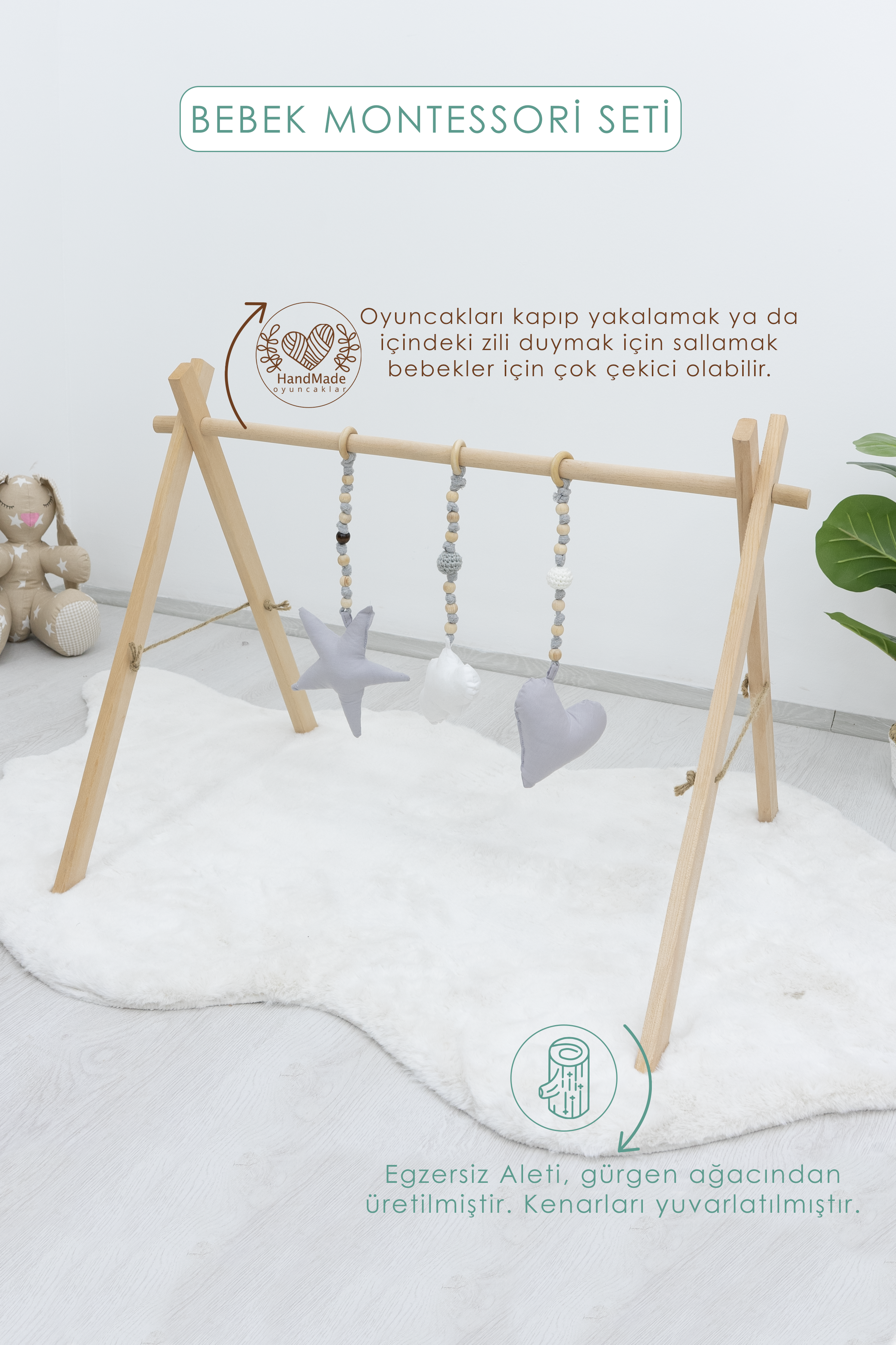 Ahşap Bebek Egzersiz Aleti, (oyuncaklar Dahil), 3'lü Çıngırak Oyuncak, Naturel Seri, Gri