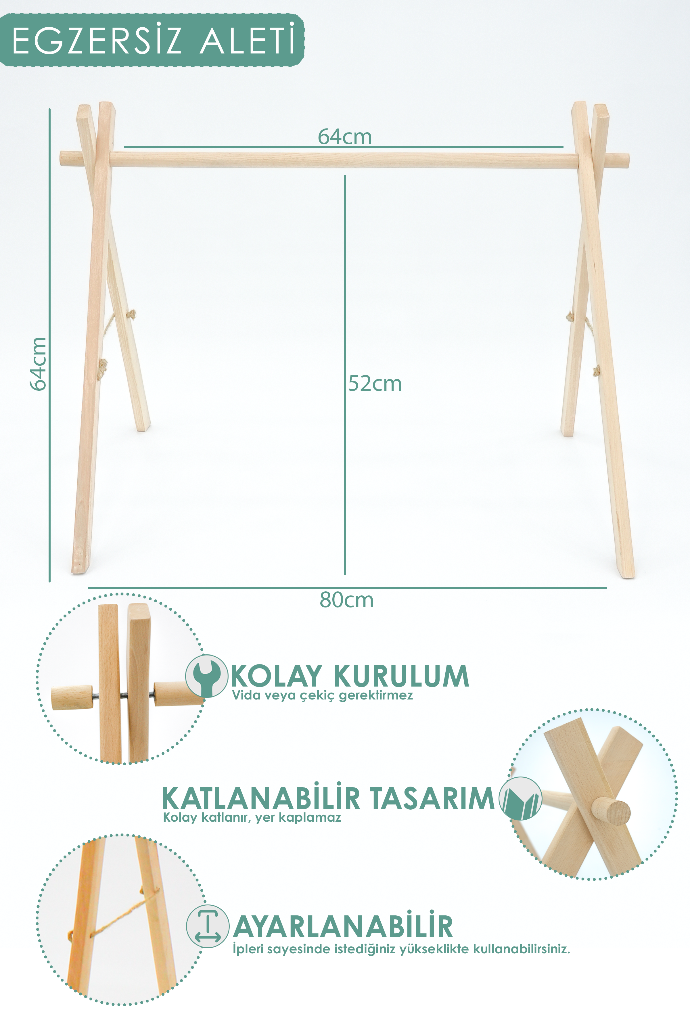 Ahşap Bebek Egzersiz Aleti, (oyuncaklar Dahil), 3'lü Çıngırak Oyuncak, Naturel Seri, Gri