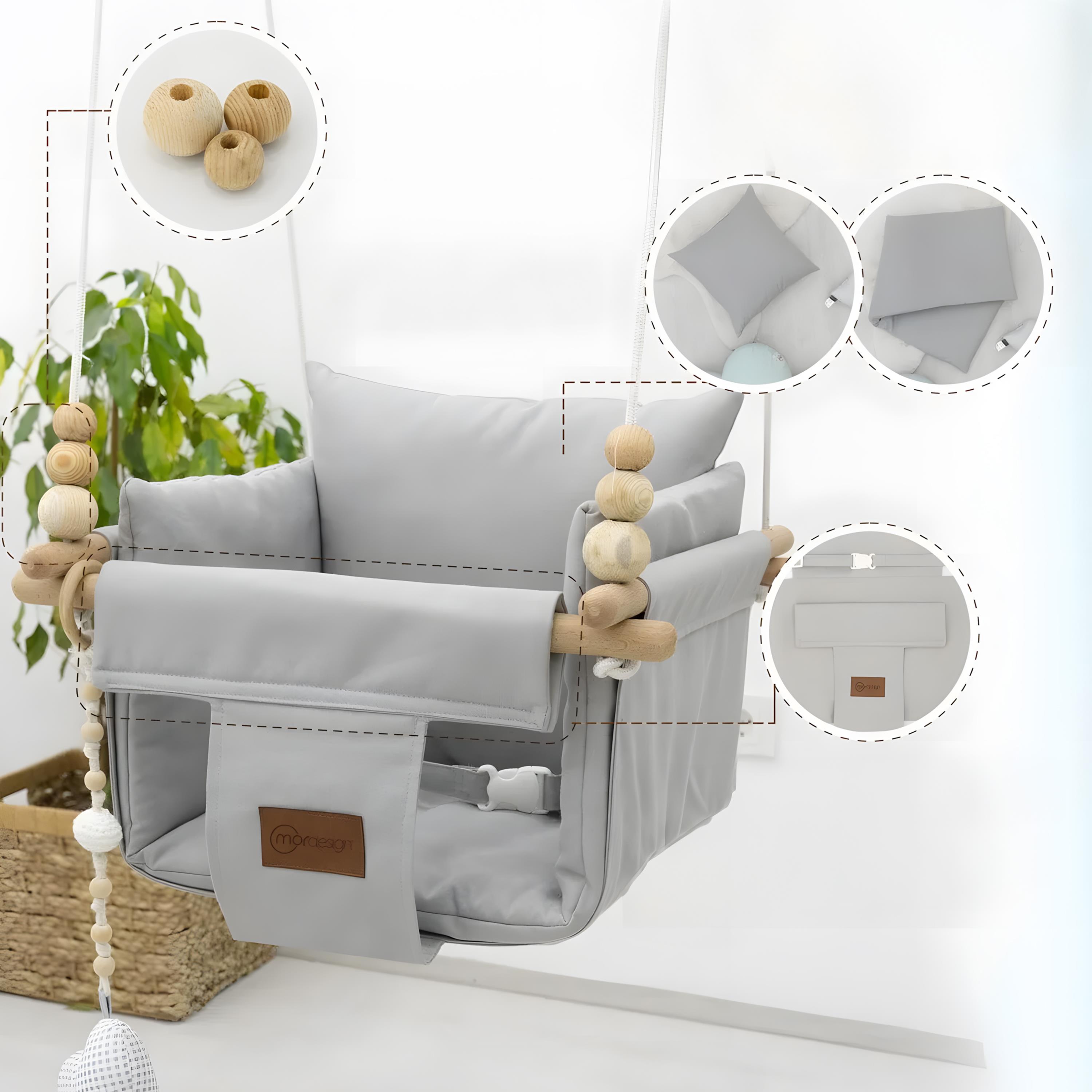 Mordesign Tavana Asılan Ahşap Bebek Salıncağı, Yastık ve Minderli Çocuk Ev/Bahçe Salıncağı, Pukapuka Serisi, Gri