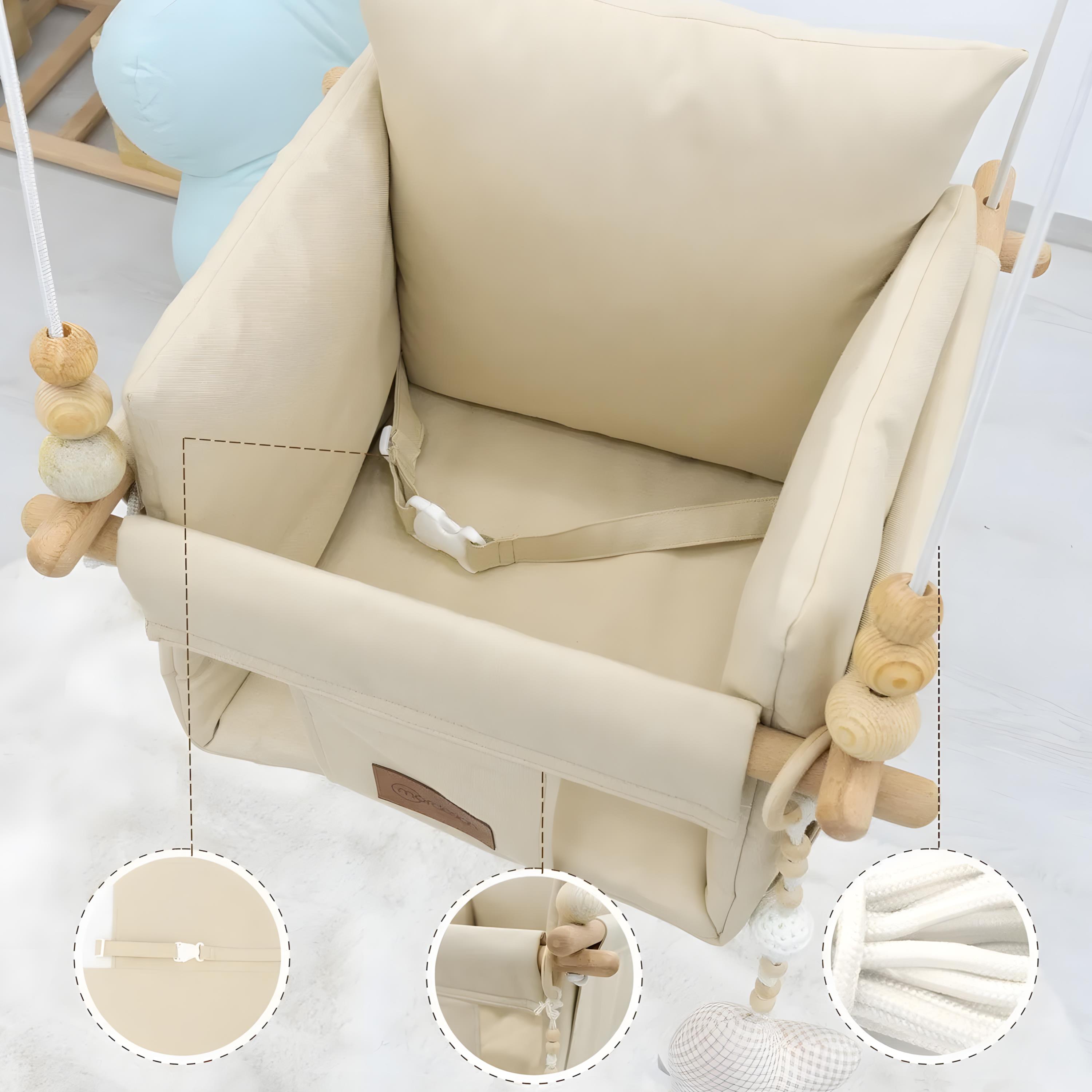 Mordesign Tavana Asılan Ahşap Bebek Salıncağı, Yastık ve Minderli Çocuk Ev/Bahçe Salıncağı, Pukapuka Serisi, Bej