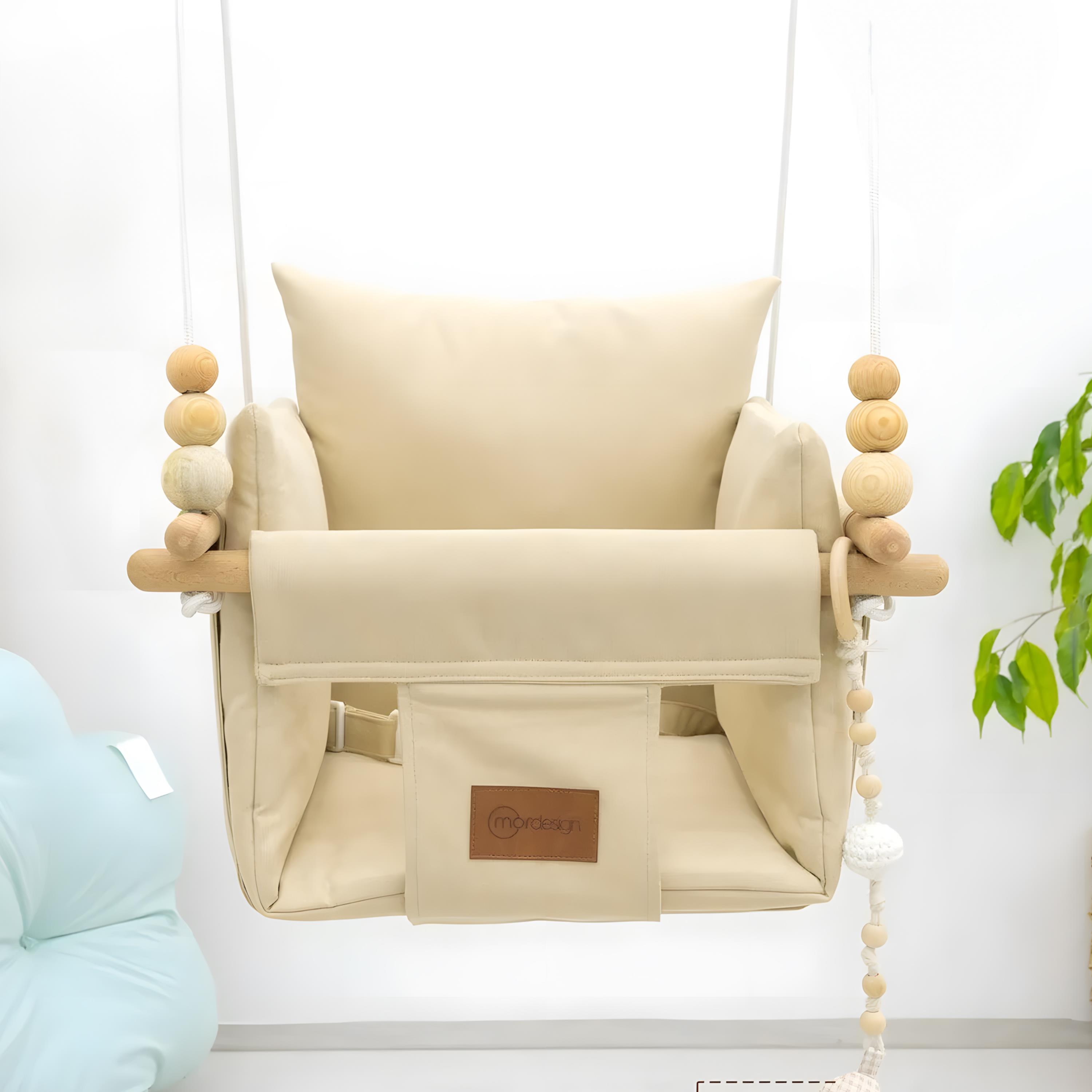 Mordesign Tavana Asılan Ahşap Bebek Salıncağı, Yastık ve Minderli Çocuk Ev/Bahçe Salıncağı, Pukapuka Serisi, Bej