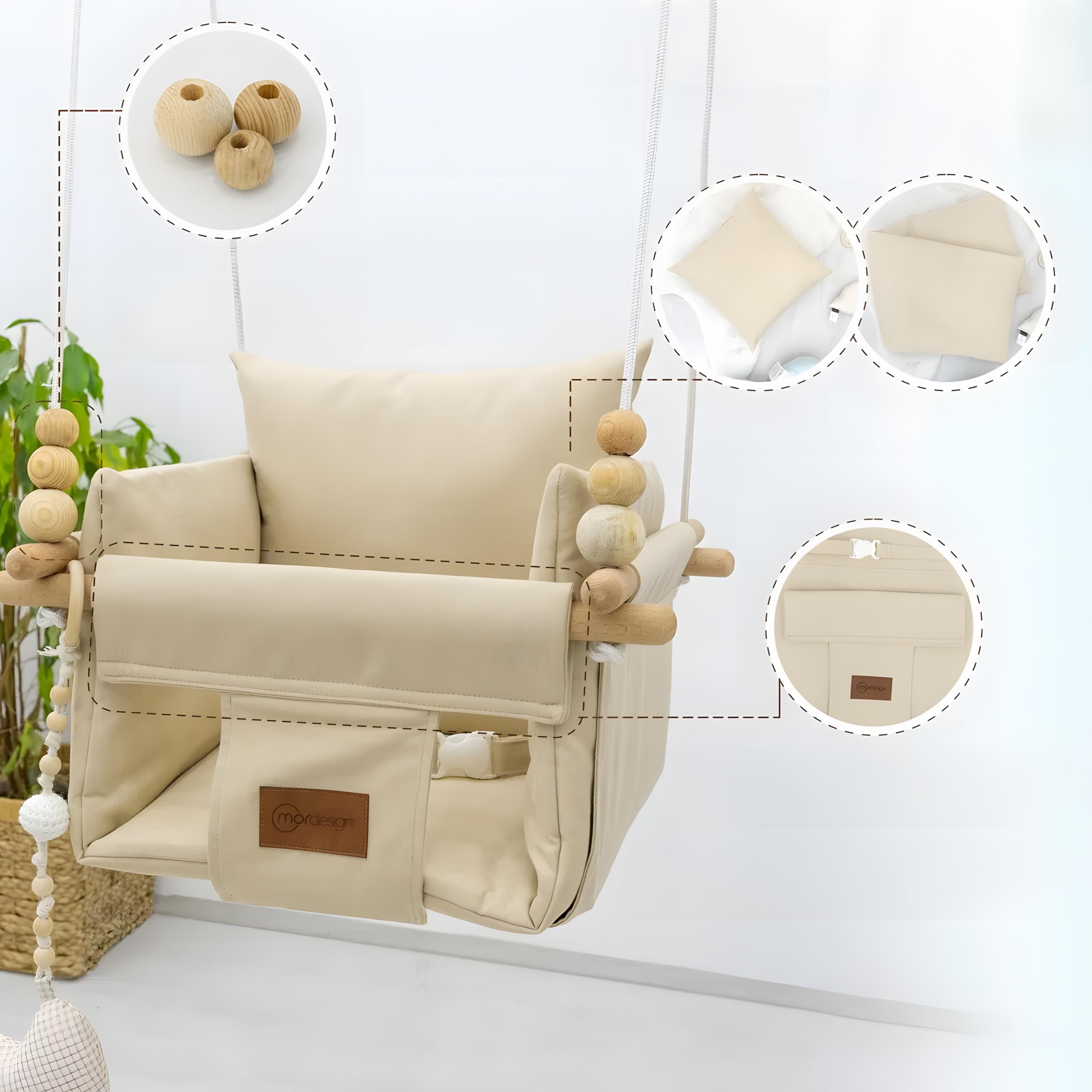 Mordesign Tavana Asılan Ahşap Bebek Salıncağı, Yastık ve Minderli Çocuk Ev/Bahçe Salıncağı, Pukapuka Serisi, Bej