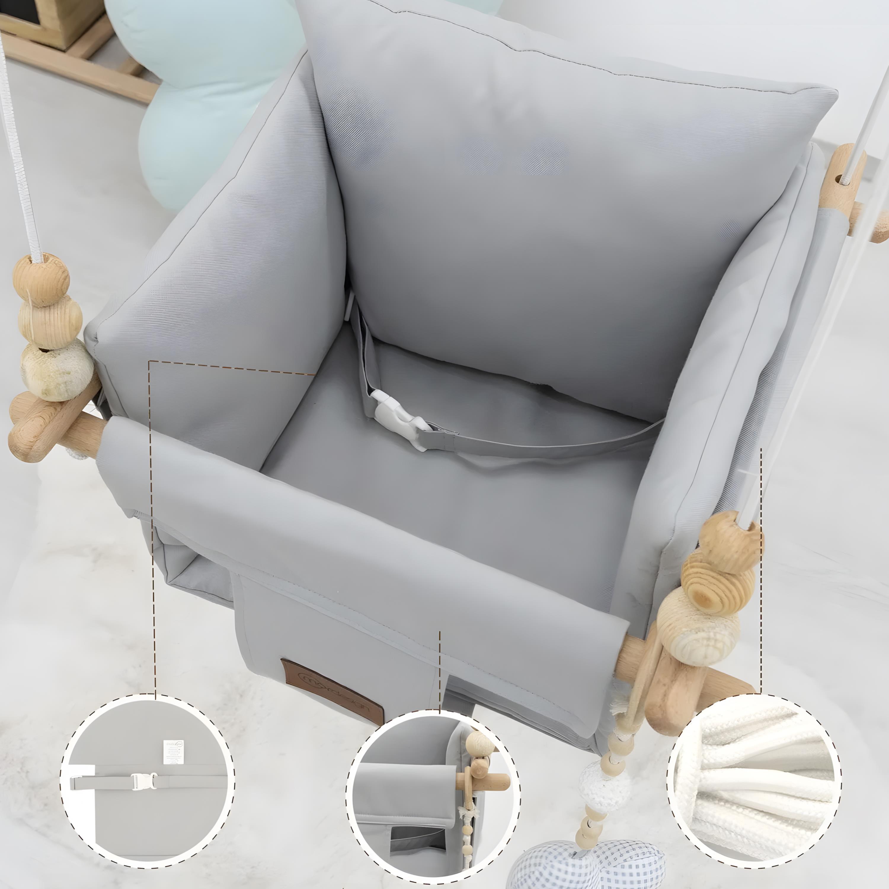 Mordesign Tavana Asılan Ahşap Bebek Salıncağı, Yastık ve Minderli Çocuk Ev/Bahçe Salıncağı, Pukapuka Serisi, Gri