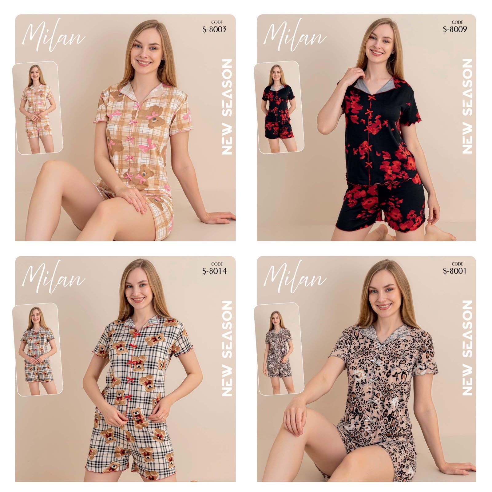 4 Adet Fiyonklu Kısa Kol Şortlu Pijama Takım Set