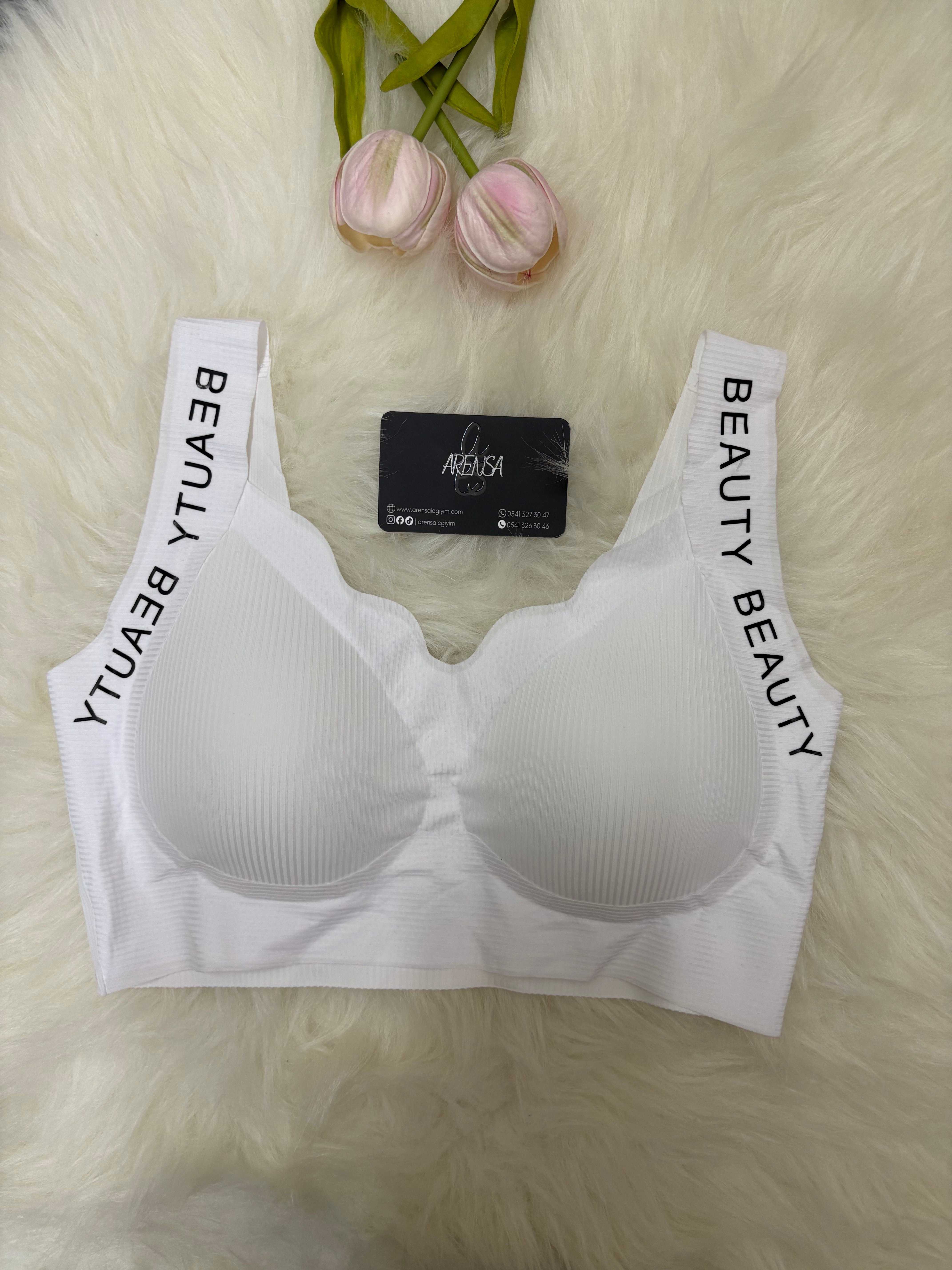 Beyaz Çizgili Yazı Detaylı Dolgusuz Kopçasız Kalın Askılı Lazer Kesim Bralet
